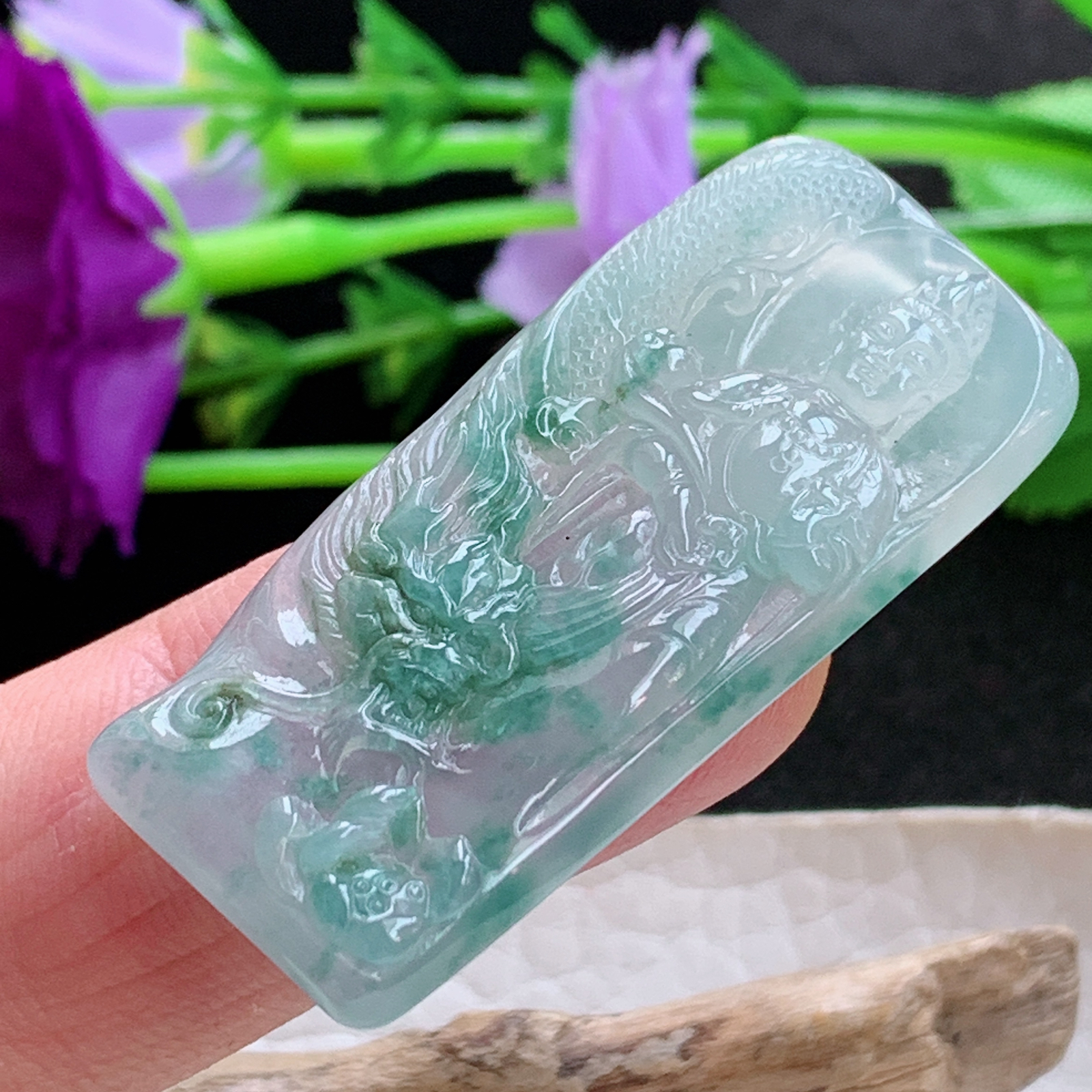 lz实拍43.5*19.6*5.2缅甸翡翠精雕冰飘花御龙观音菩萨玉吊坠