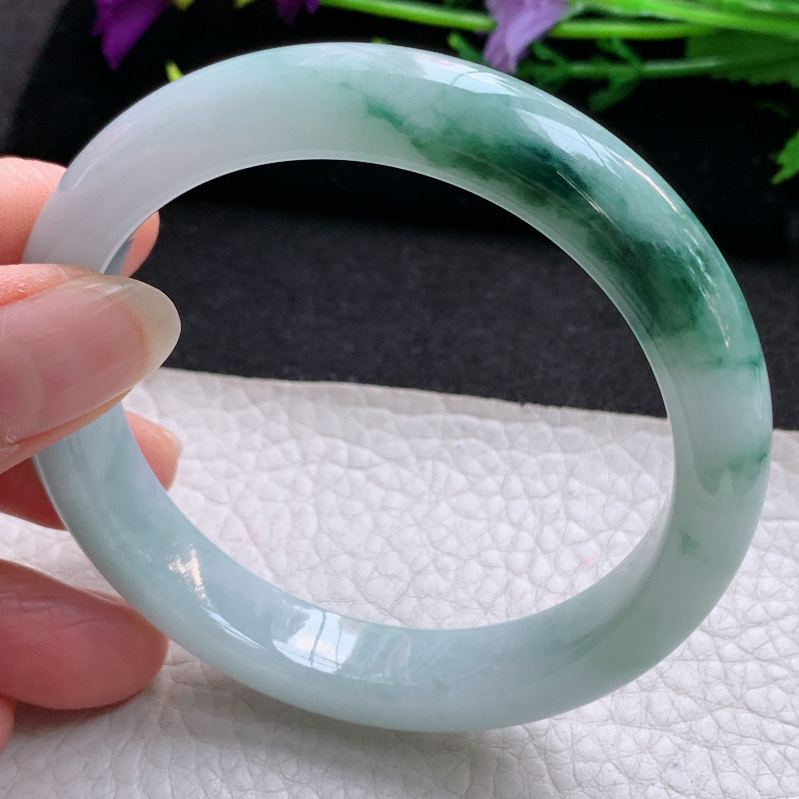 js实拍57.5*11.5*8.3平安镯 天然缅甸翡翠A货玉手镯冰飘花胶感宽边玉手环