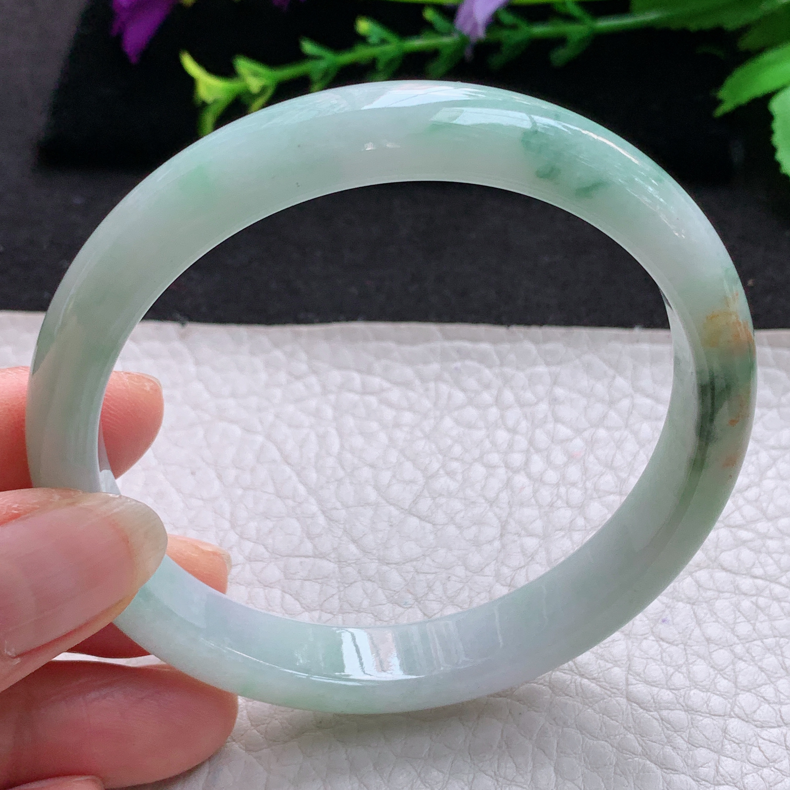 js大圈口61*11*7.5平安镯 天然缅甸翡翠A货玉手镯秀气三彩胶感宽边玉手环