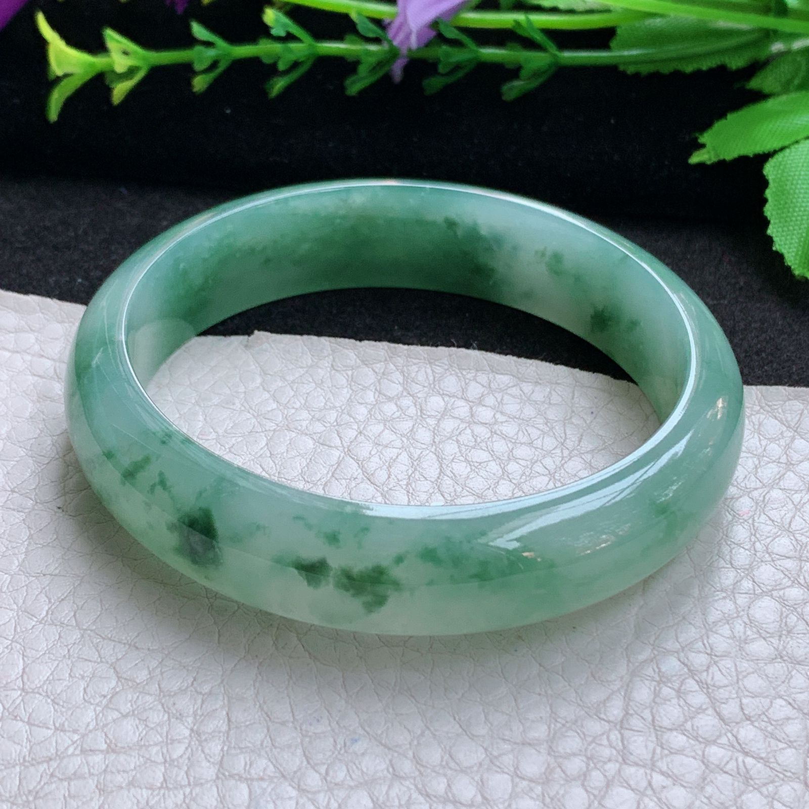 js飘逸款58.5*14.3*7.2平安镯 天然缅甸翡翠A货玉手镯冰飘花宽边玉手环