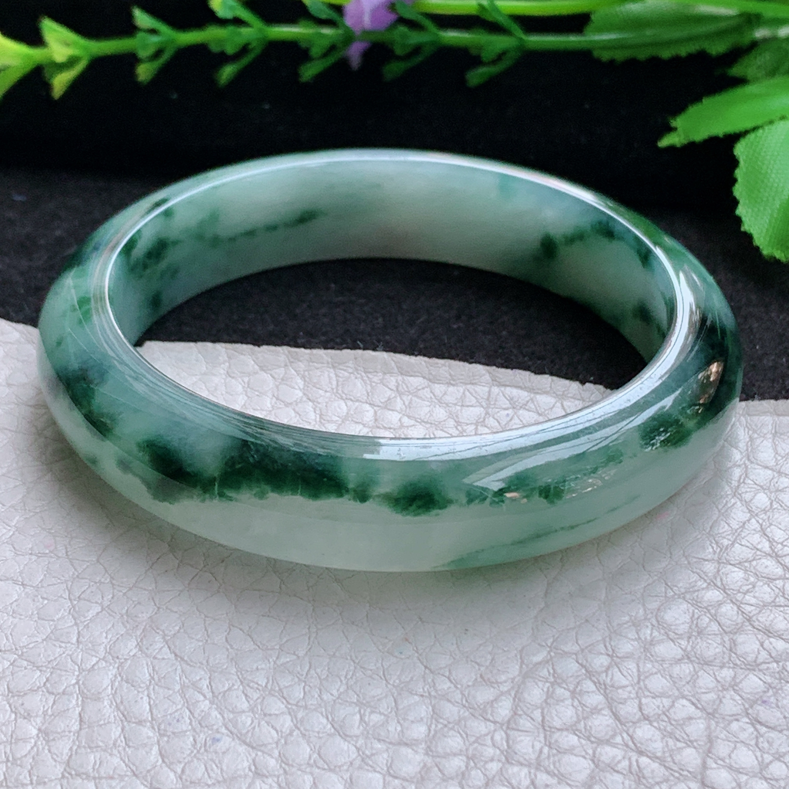 nr飘逸款56.5*12.8*7.8平安镯 天然缅甸翡翠A货玉手镯冰飘花宽边玉手环