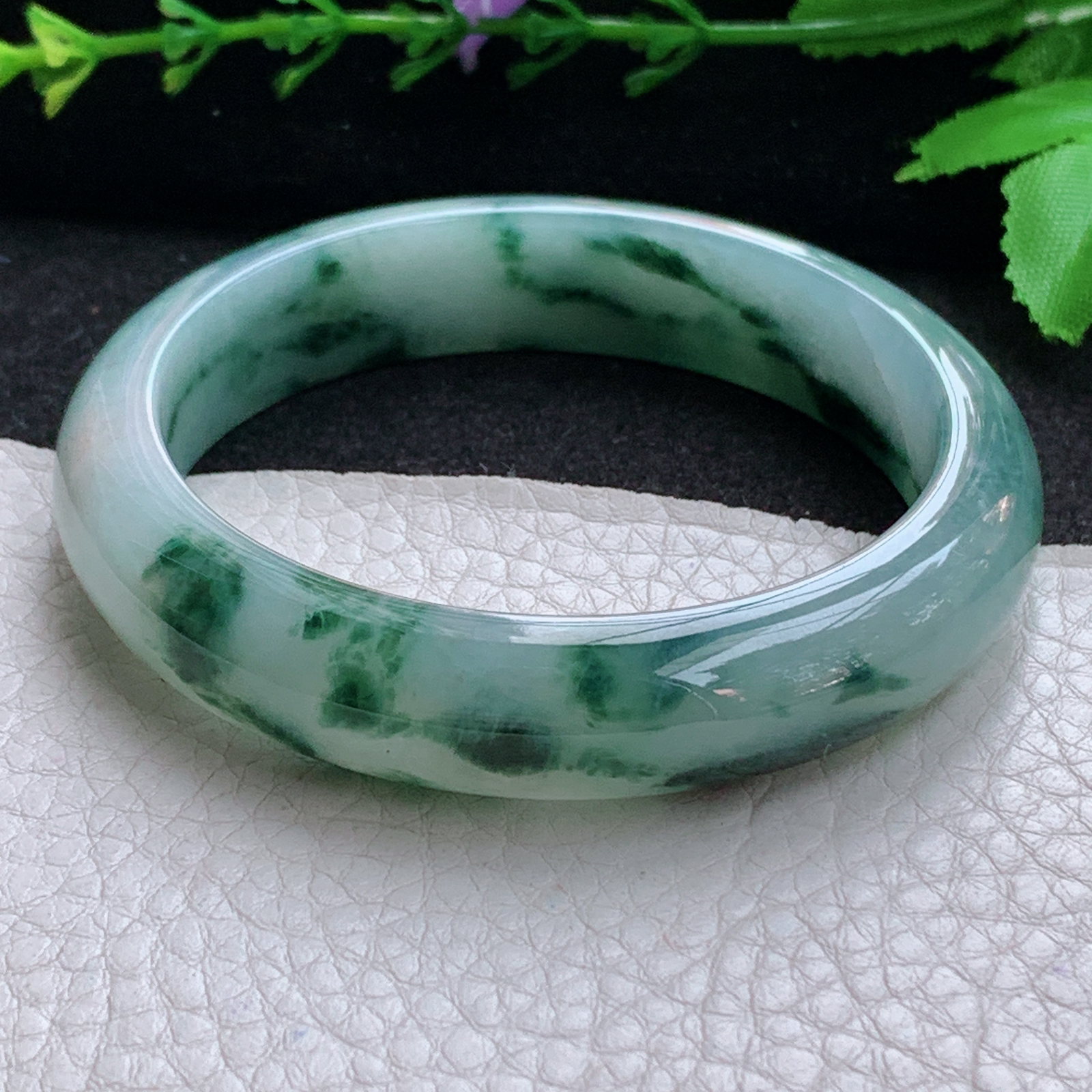 nr飘逸款56.5*12.8*7.8平安镯 天然缅甸翡翠A货玉手镯冰飘花宽边玉手环