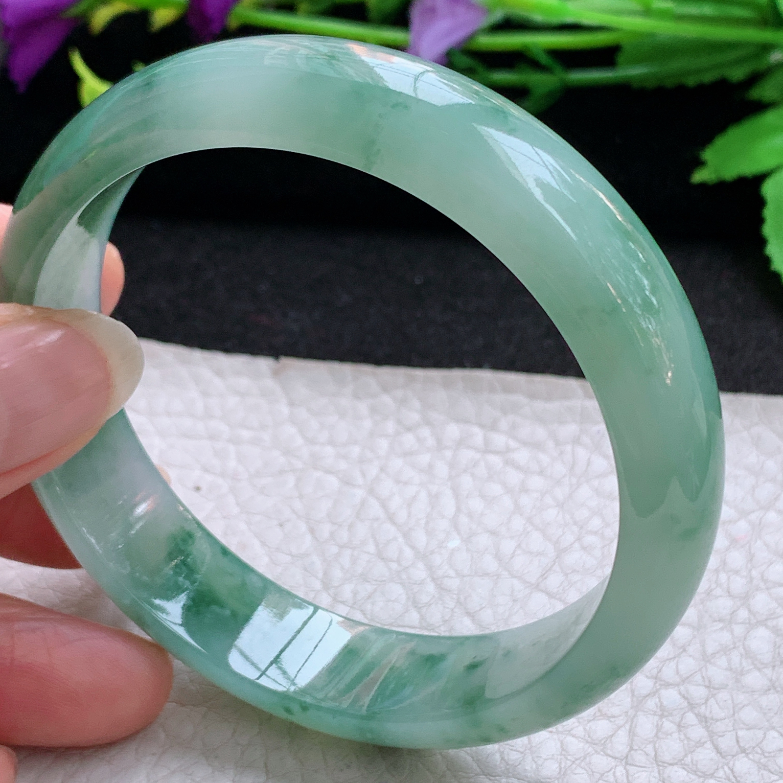 js飘逸款58.5*14.3*7.2平安镯 天然缅甸翡翠A货玉手镯冰飘花宽边玉手环