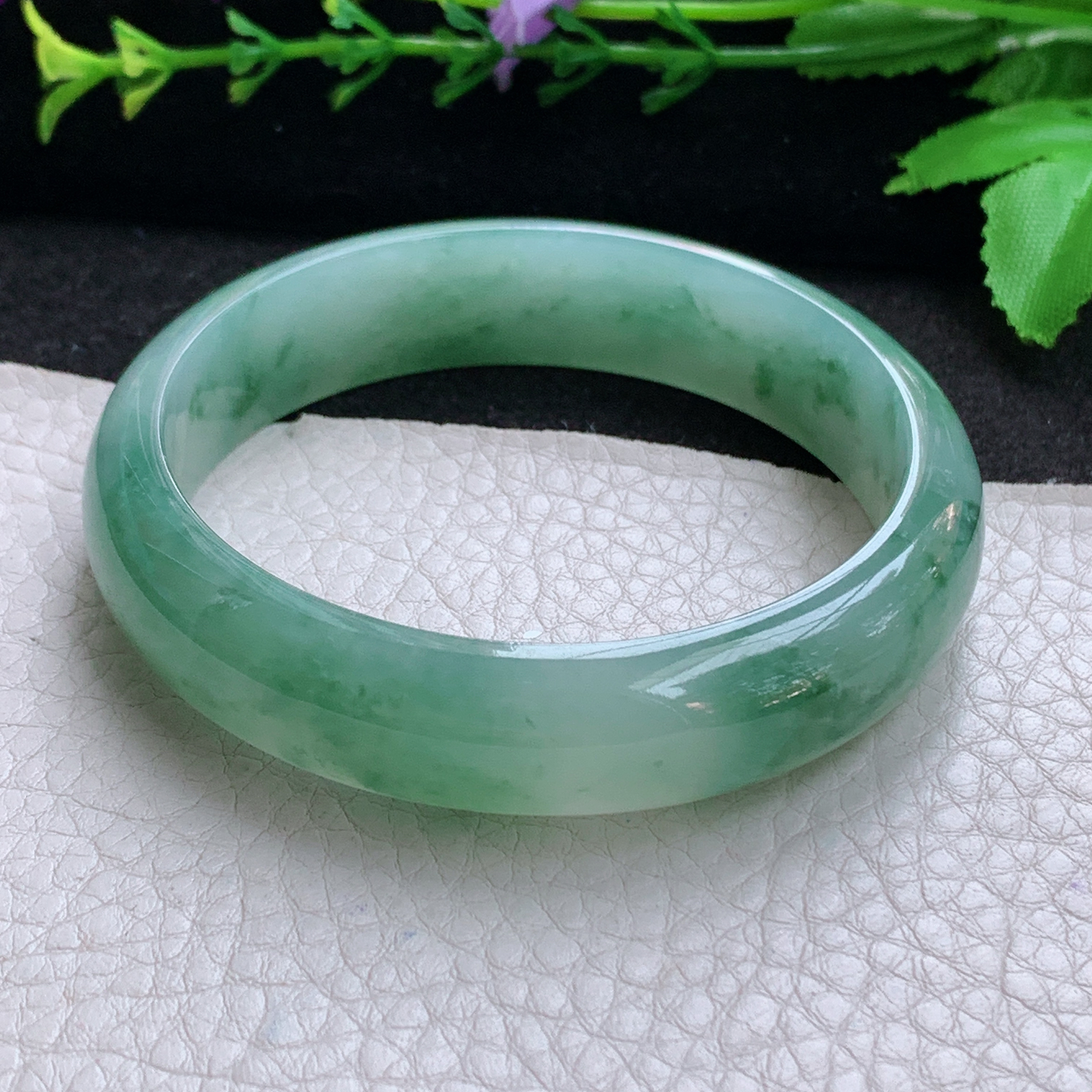 js飘逸款58.5*14.3*7.2平安镯 天然缅甸翡翠A货玉手镯冰飘花宽边玉手环