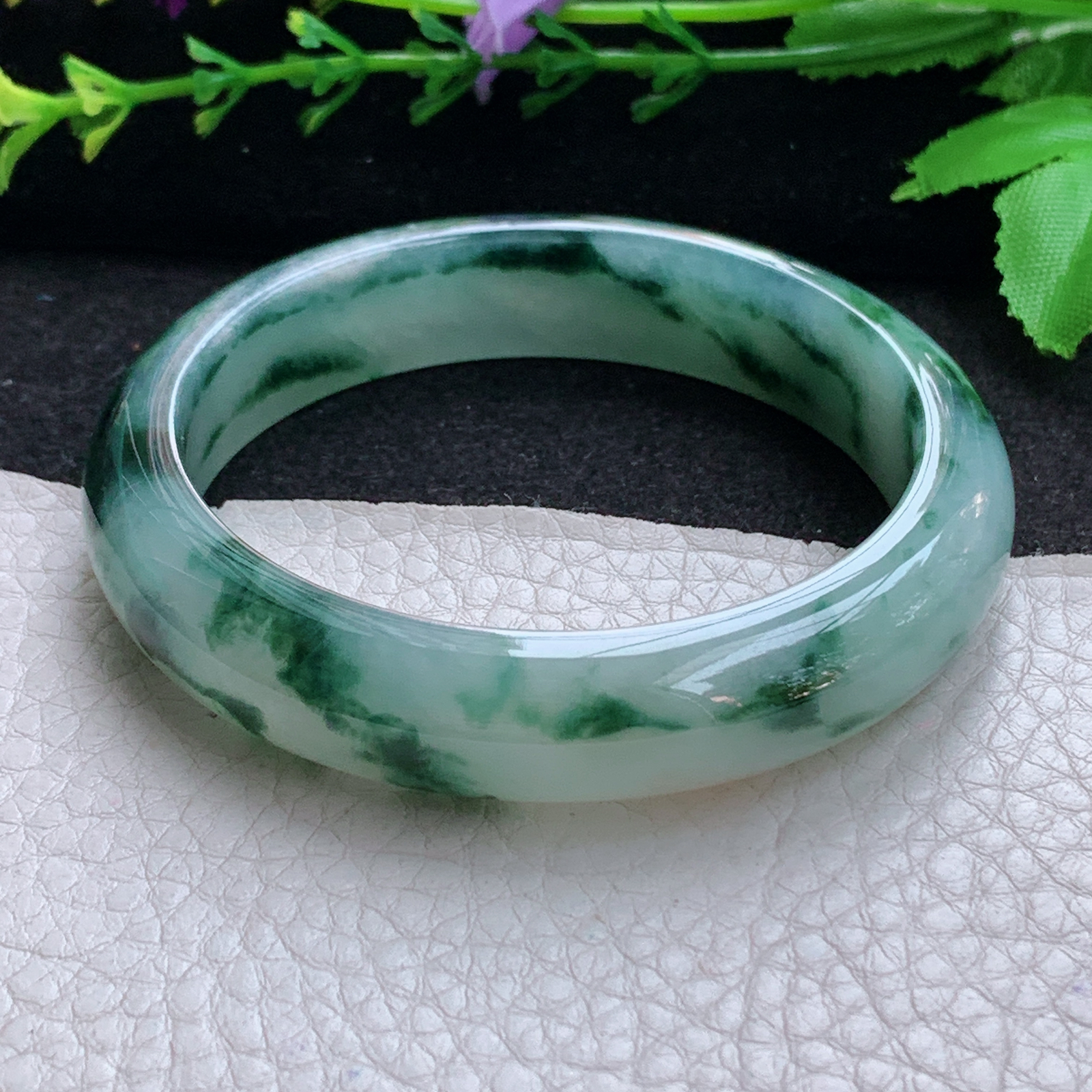 nr飘逸款56.5*12.8*7.8平安镯 天然缅甸翡翠A货玉手镯冰飘花宽边玉手环