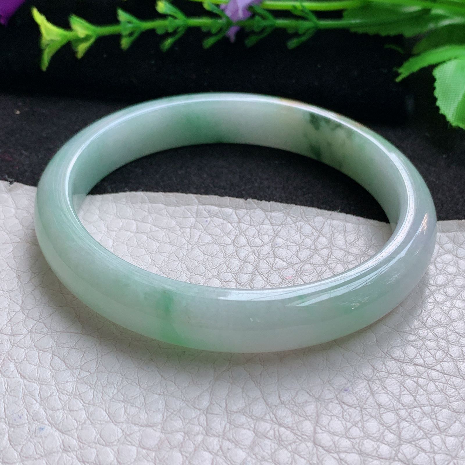 js大圈口61*11*7.5平安镯 天然缅甸翡翠A货玉手镯秀气三彩胶感宽边玉手环