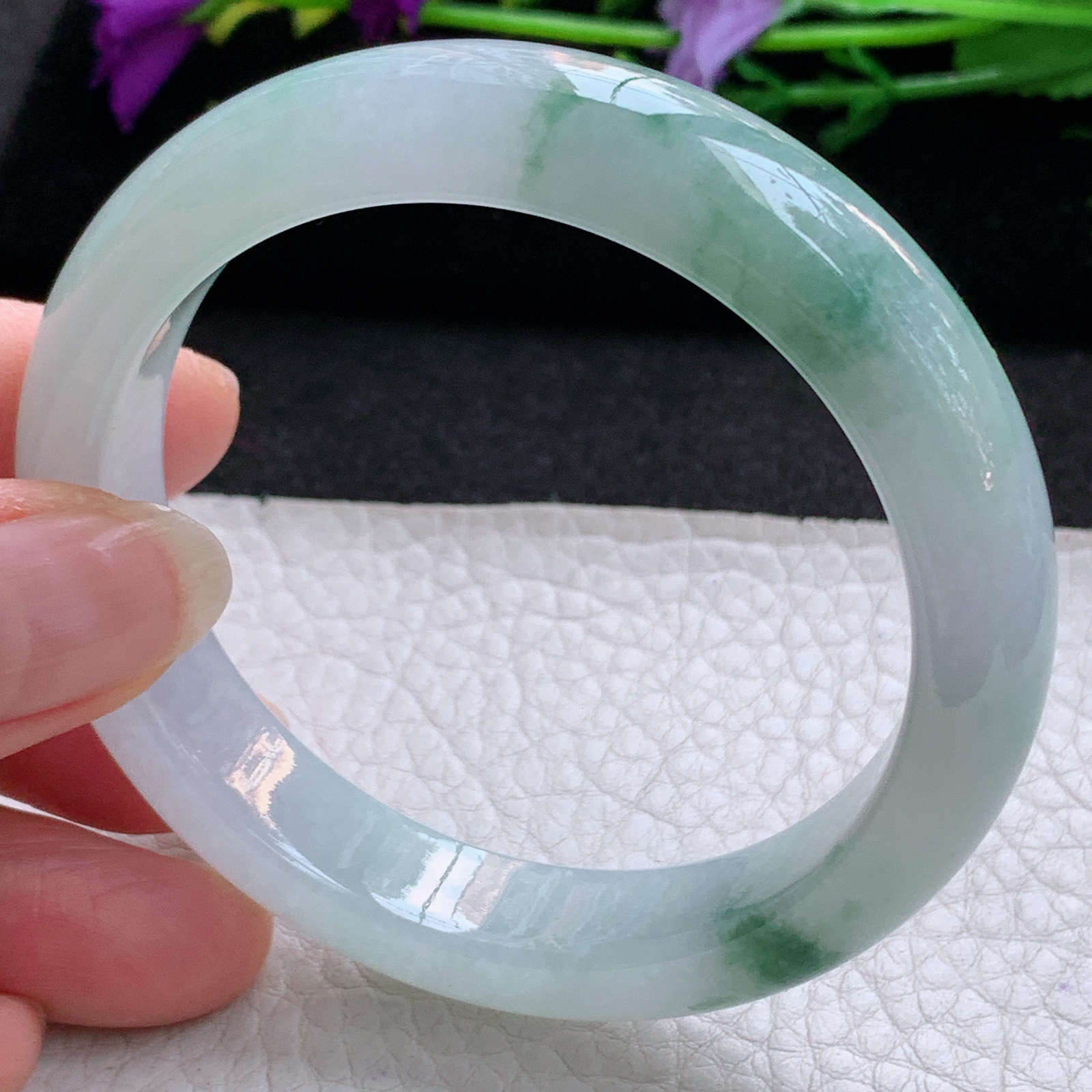 ll实拍55.5*12.6*8平安镯 天然缅甸翡翠A货玉手镯冰飘花宽边玉手环