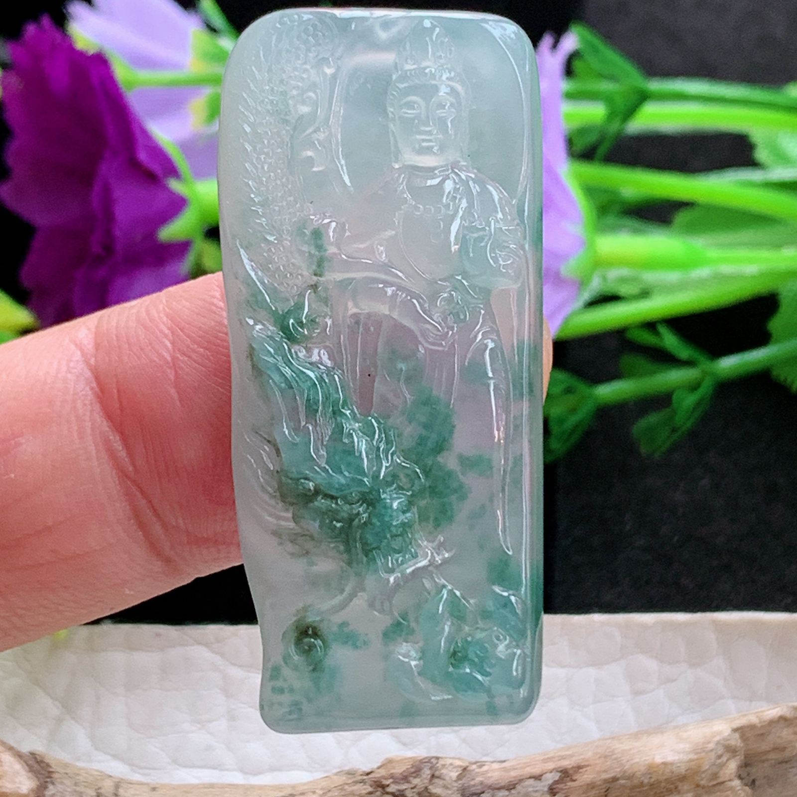 lz实拍43.5*19.6*5.2缅甸翡翠精雕冰飘花御龙观音菩萨玉吊坠