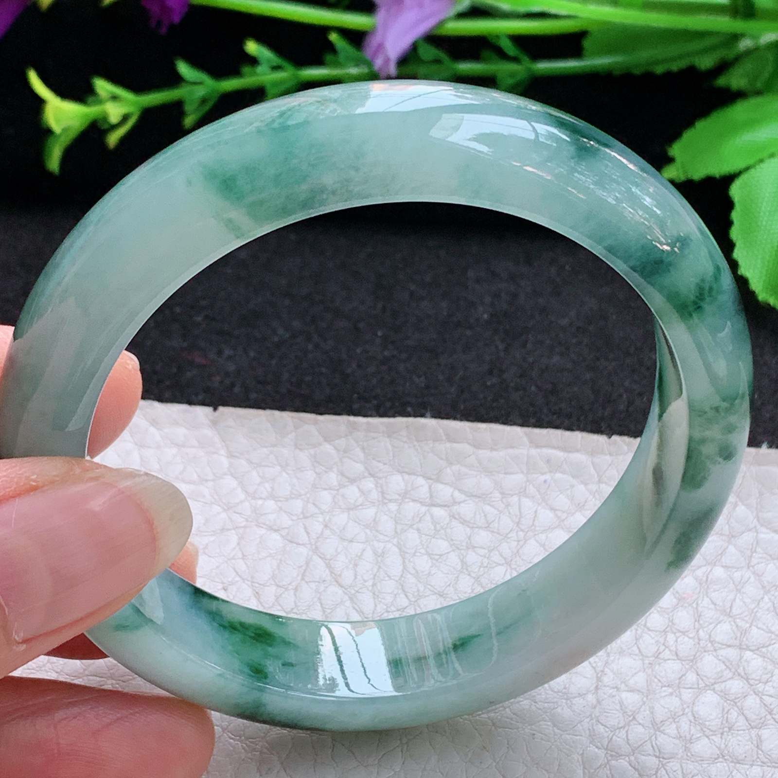 nr飘逸款56.5*12.8*7.8平安镯 天然缅甸翡翠A货玉手镯冰飘花宽边玉手环