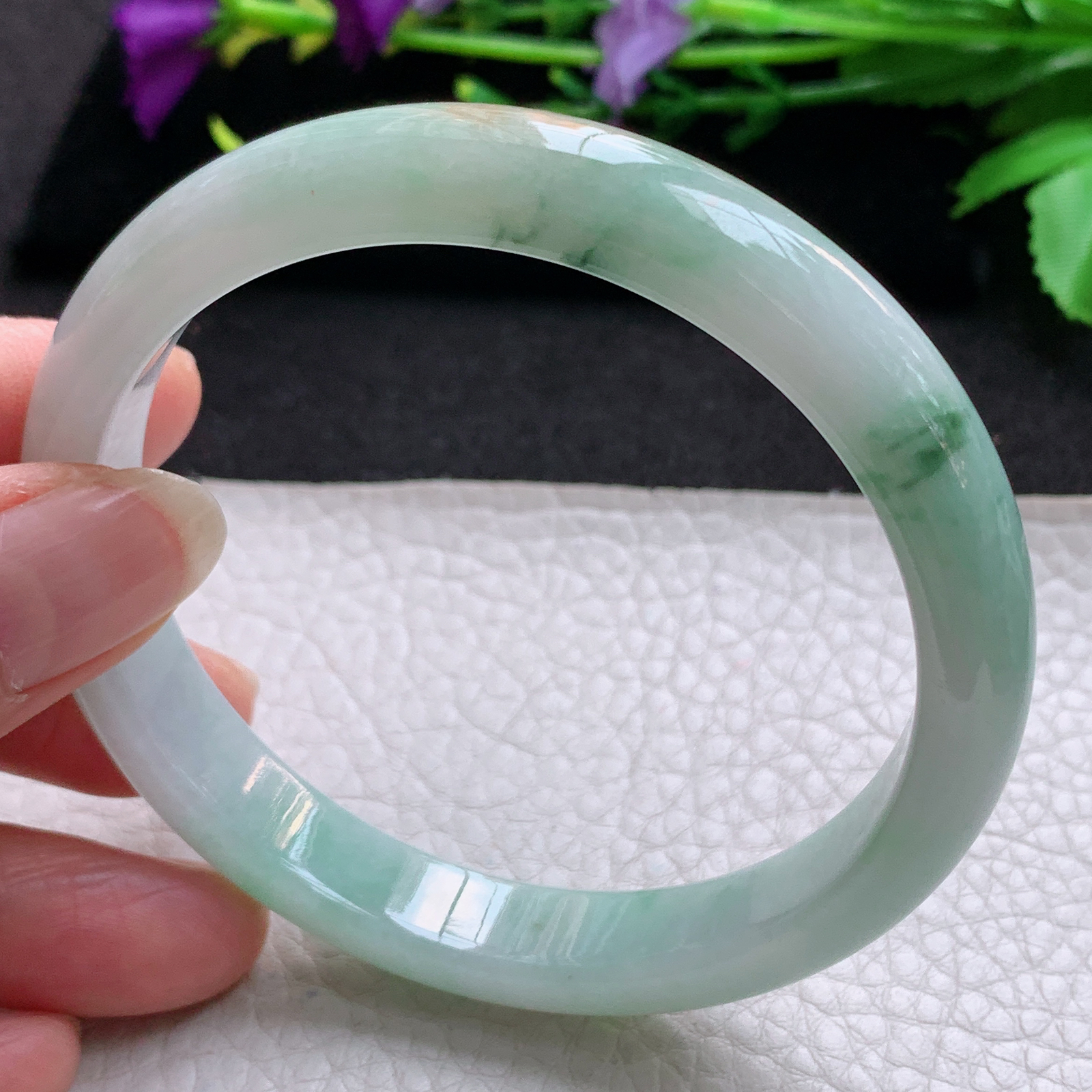 js大圈口61*11*7.5平安镯 天然缅甸翡翠A货玉手镯秀气三彩胶感宽边玉手环