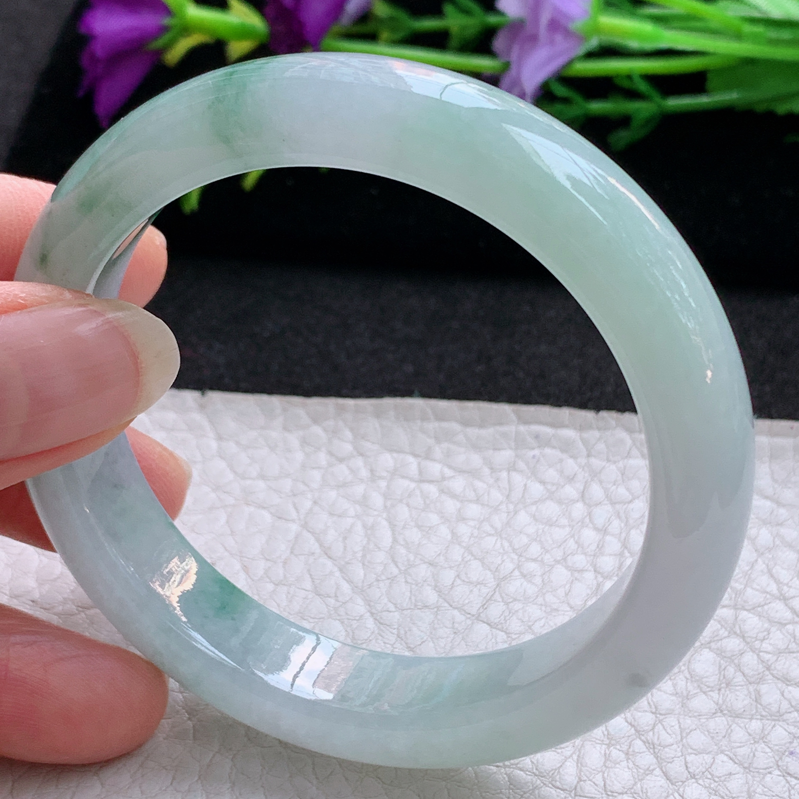 ll实拍55.5*12.6*8平安镯 天然缅甸翡翠A货玉手镯冰飘花宽边玉手环