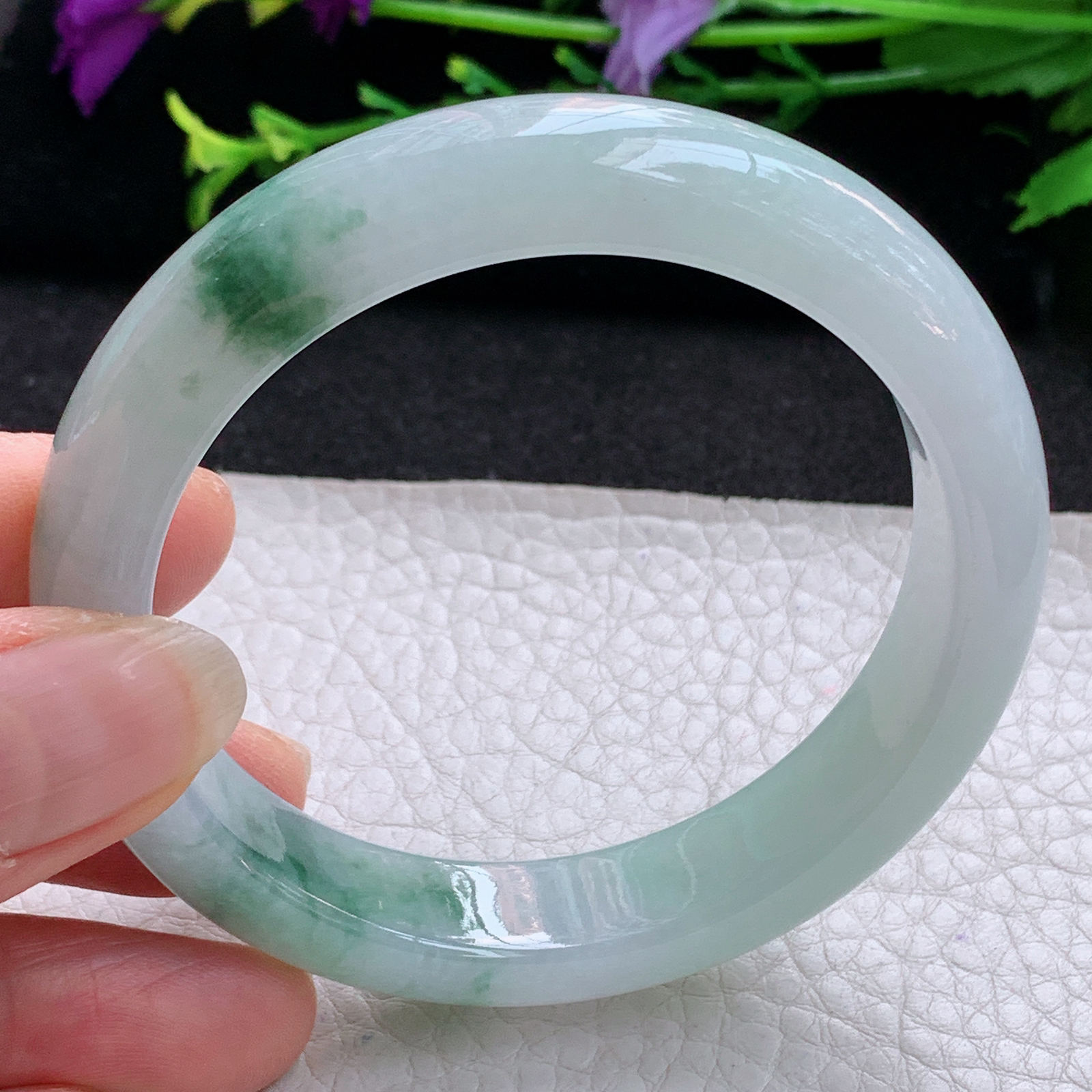 ll实拍55.5*12.6*8平安镯 天然缅甸翡翠A货玉手镯冰飘花宽边玉手环