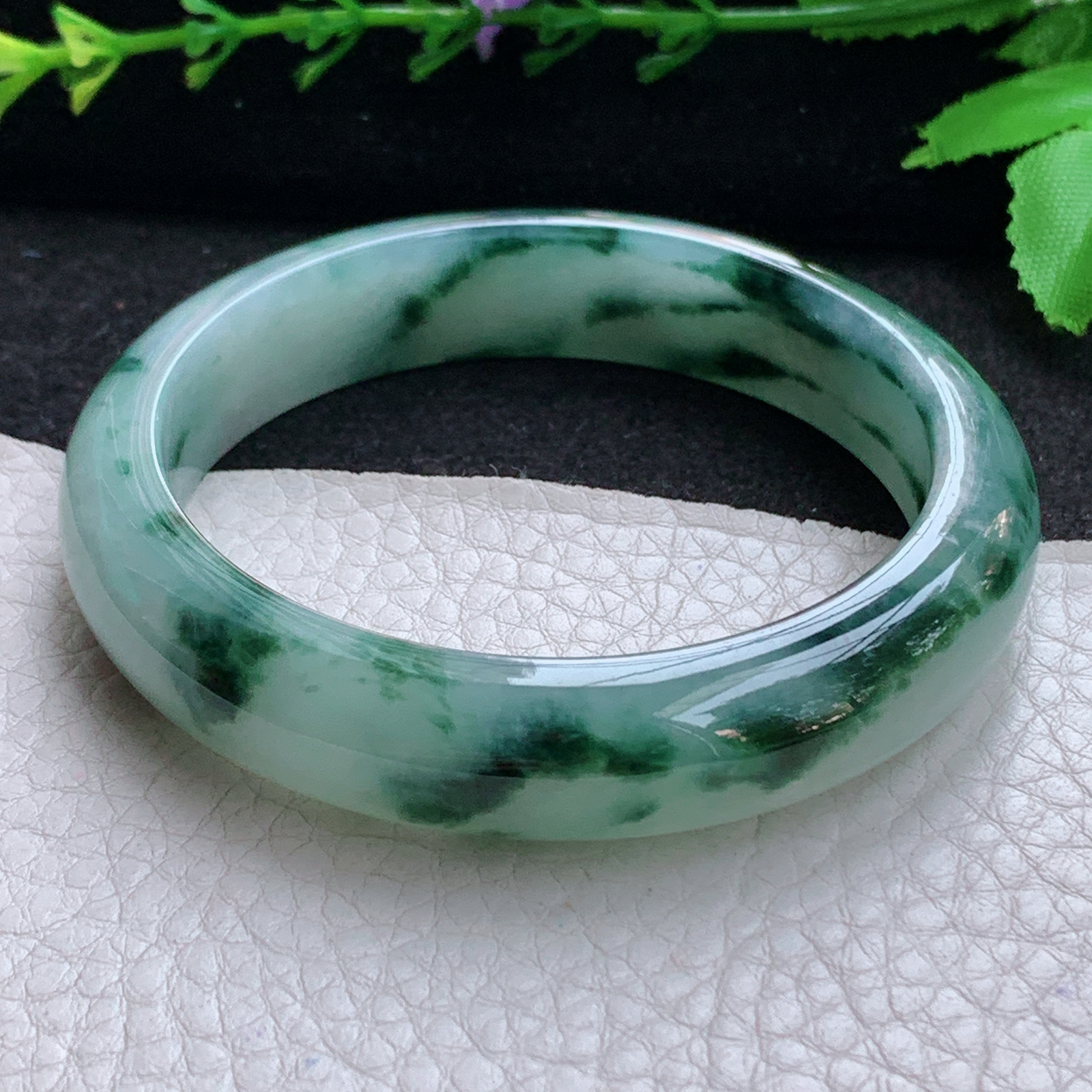 nr飘逸款56.5*12.8*7.8平安镯 天然缅甸翡翠A货玉手镯冰飘花宽边玉手环