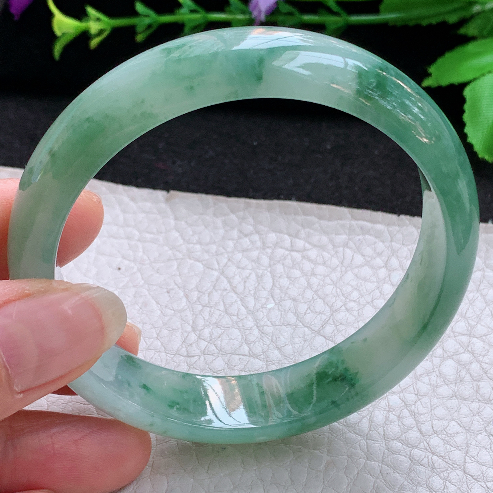 js飘逸款58.5*14.3*7.2平安镯 天然缅甸翡翠A货玉手镯冰飘花宽边玉手环