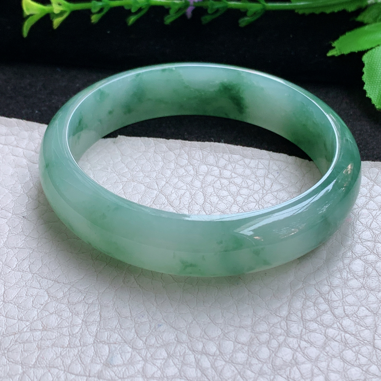 js飘逸款58.5*14.3*7.2平安镯 天然缅甸翡翠A货玉手镯冰飘花宽边玉手环