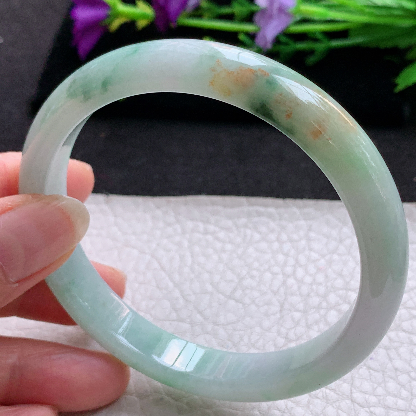 js大圈口61*11*7.5平安镯 天然缅甸翡翠A货玉手镯秀气三彩胶感宽边玉手环