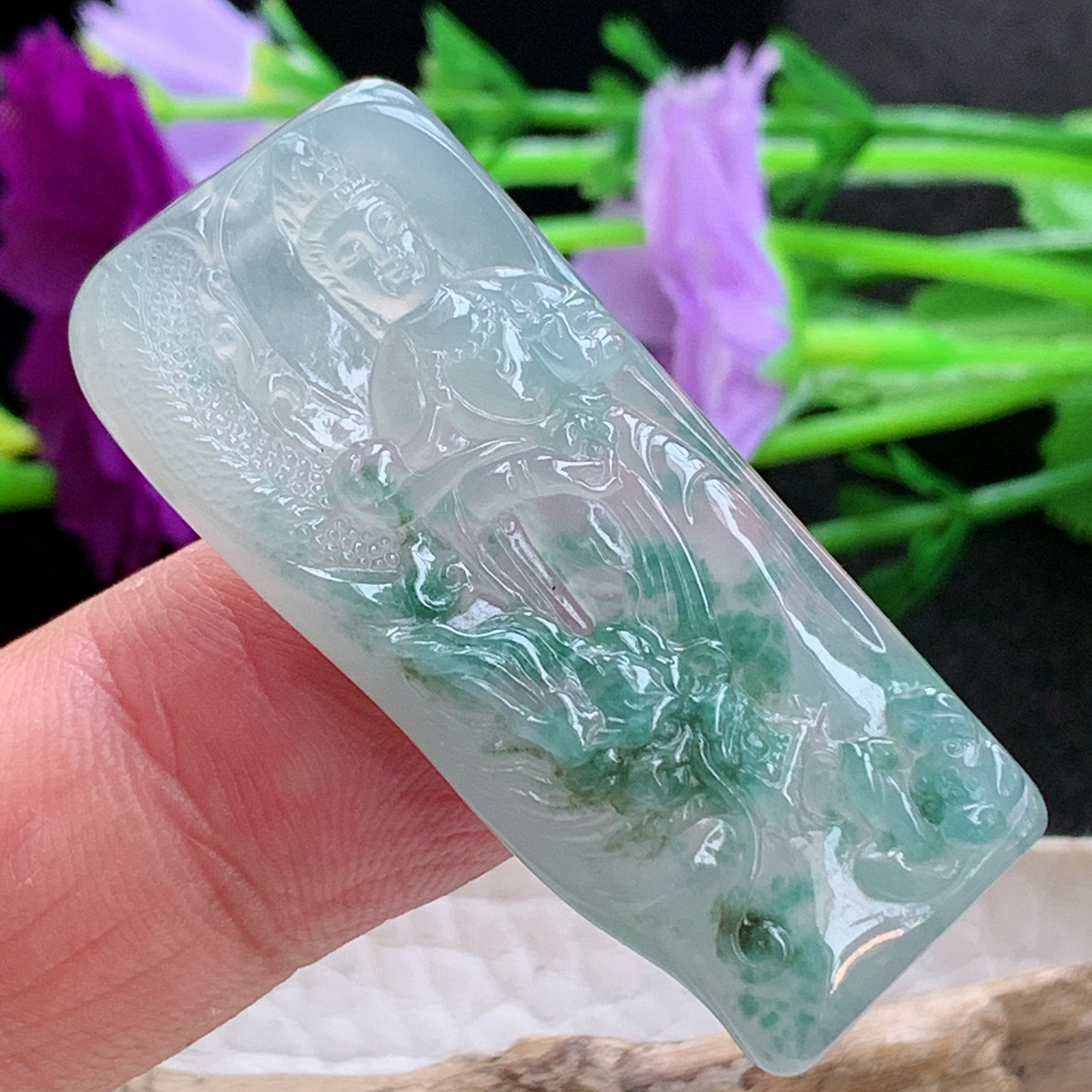 lz实拍43.5*19.6*5.2缅甸翡翠精雕冰飘花御龙观音菩萨玉吊坠