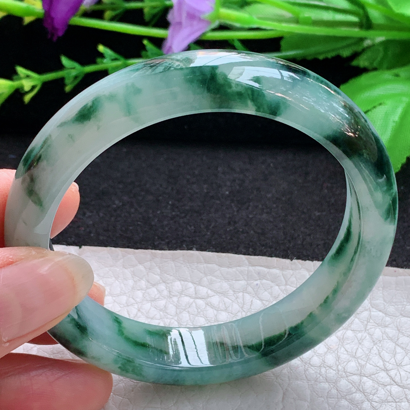 nr飘逸款56.5*12.8*7.8平安镯 天然缅甸翡翠A货玉手镯冰飘花宽边玉手环