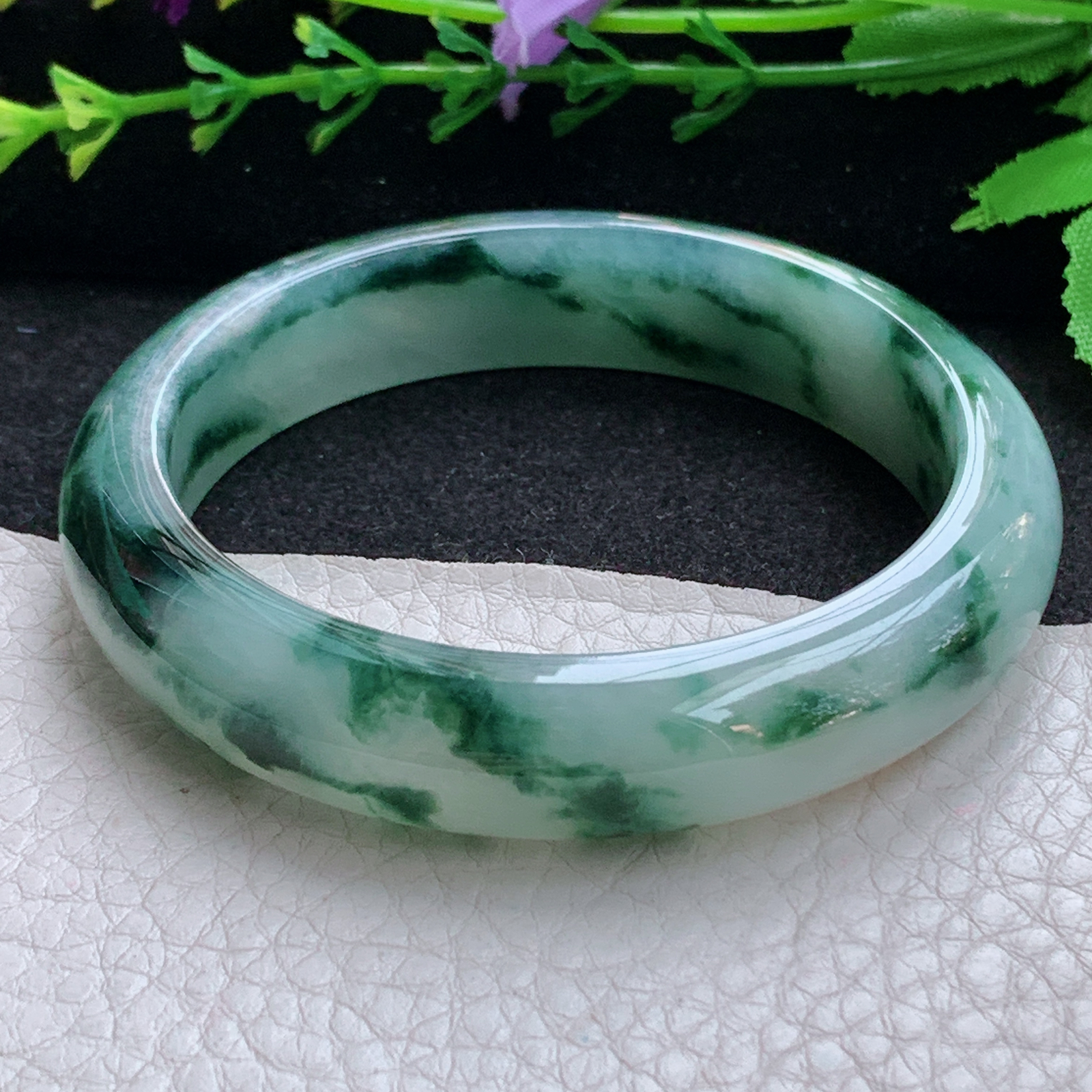 nr飘逸款56.5*12.8*7.8平安镯 天然缅甸翡翠A货玉手镯冰飘花宽边玉手环