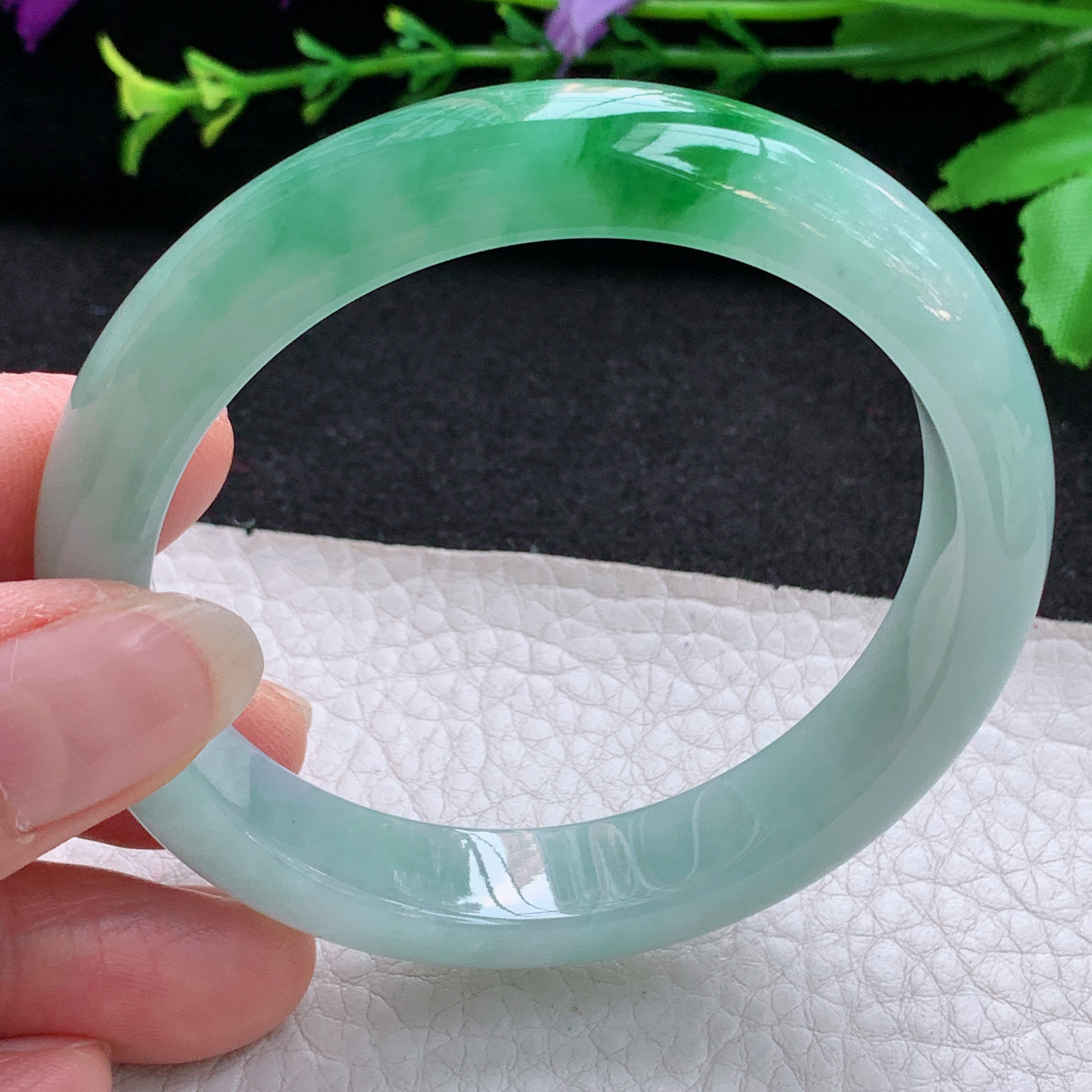 yh年轻款55.5*11.8*8平安镯 天然缅甸翡翠A货玉手镯飘阳绿宽边玉手环