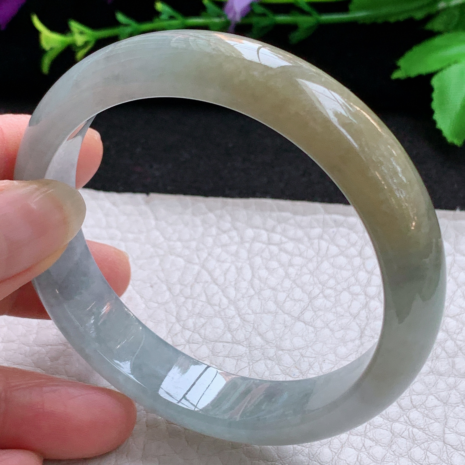 js招财款58*13.5*7.8平安镯 天然缅甸翡翠A货玉手镯双彩宽边玉手环