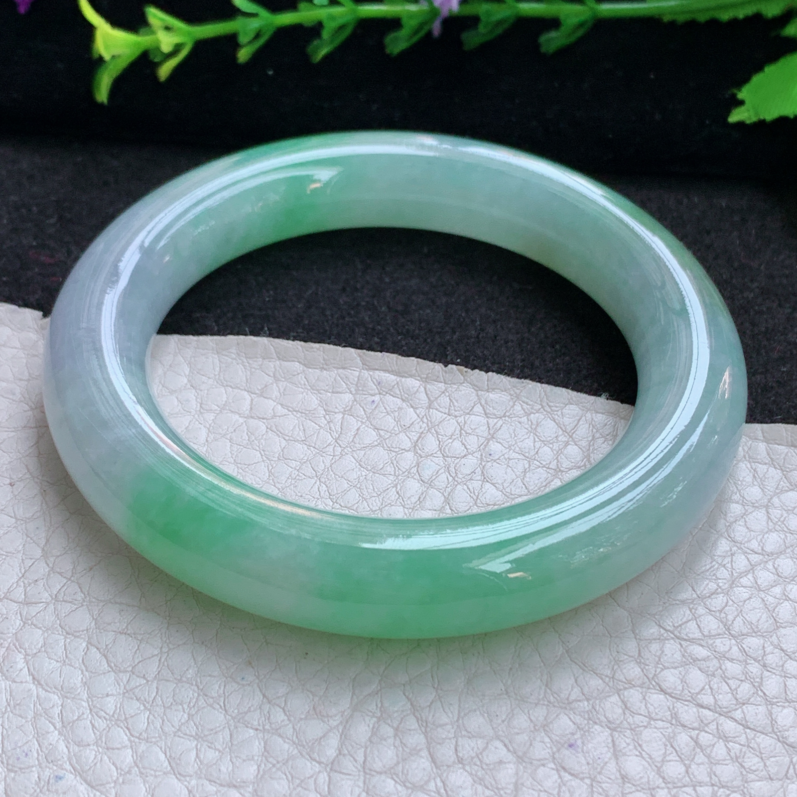 ax收藏级54.7*11.6*11.5美人镯 天然缅甸翡翠A货玉手镯春带彩圆条玉手环