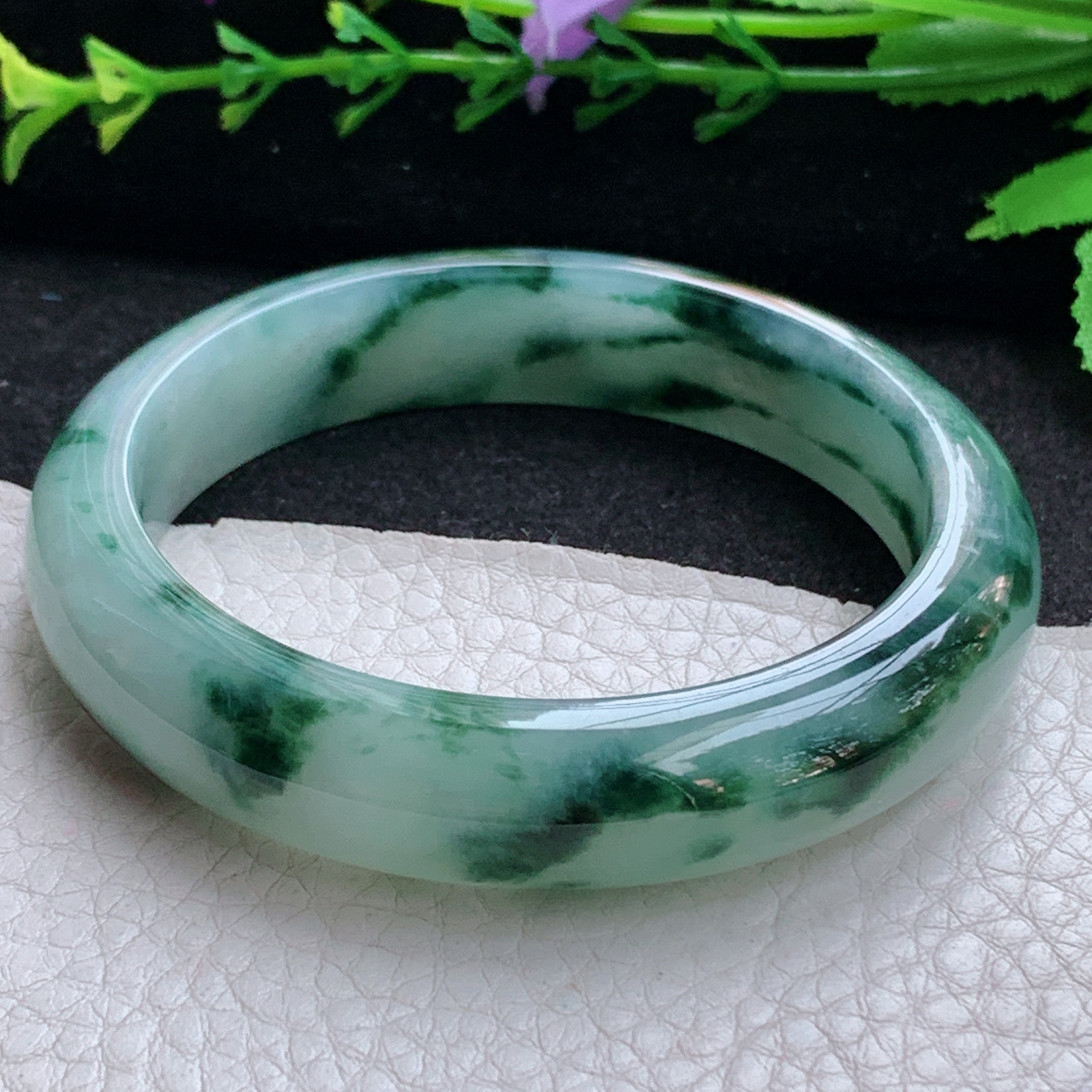 nr飘逸款56.5*12.8*7.8平安镯 天然缅甸翡翠A货玉手镯冰飘花宽边玉手环