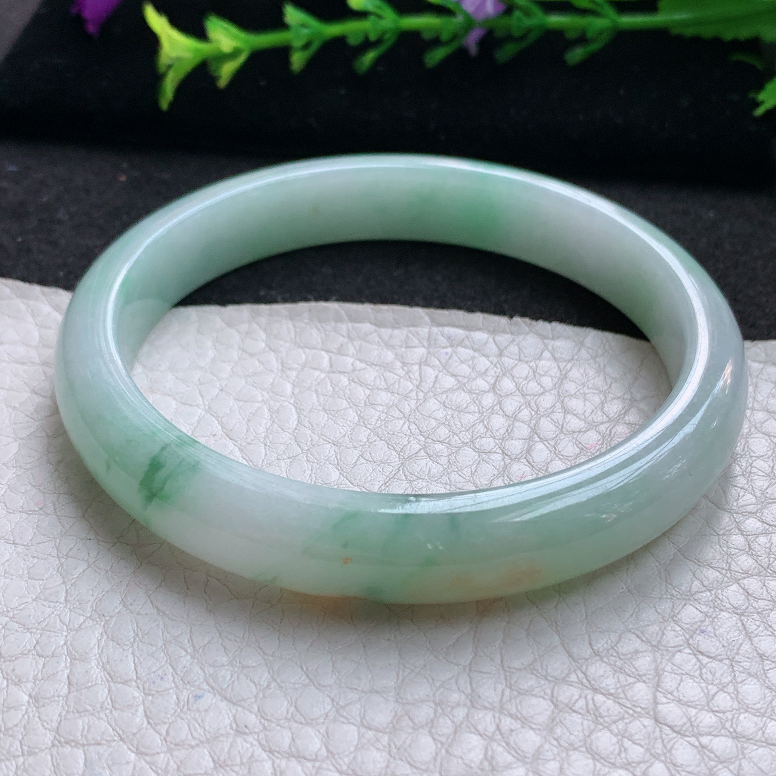 js大圈口61*11*7.5平安镯 天然缅甸翡翠A货玉手镯秀气三彩胶感宽边玉手环