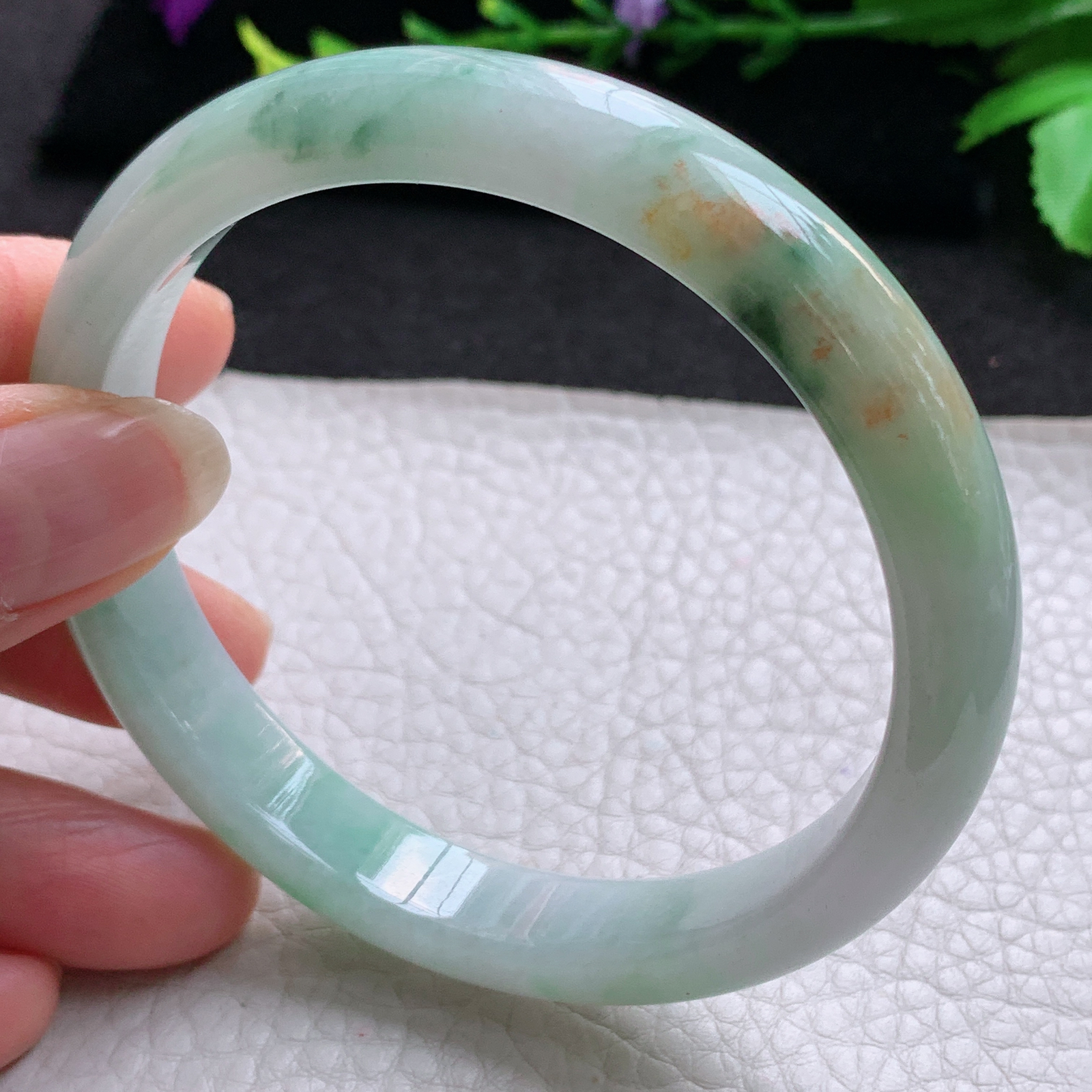 js大圈口61*11*7.5平安镯 天然缅甸翡翠A货玉手镯秀气三彩胶感宽边玉手环