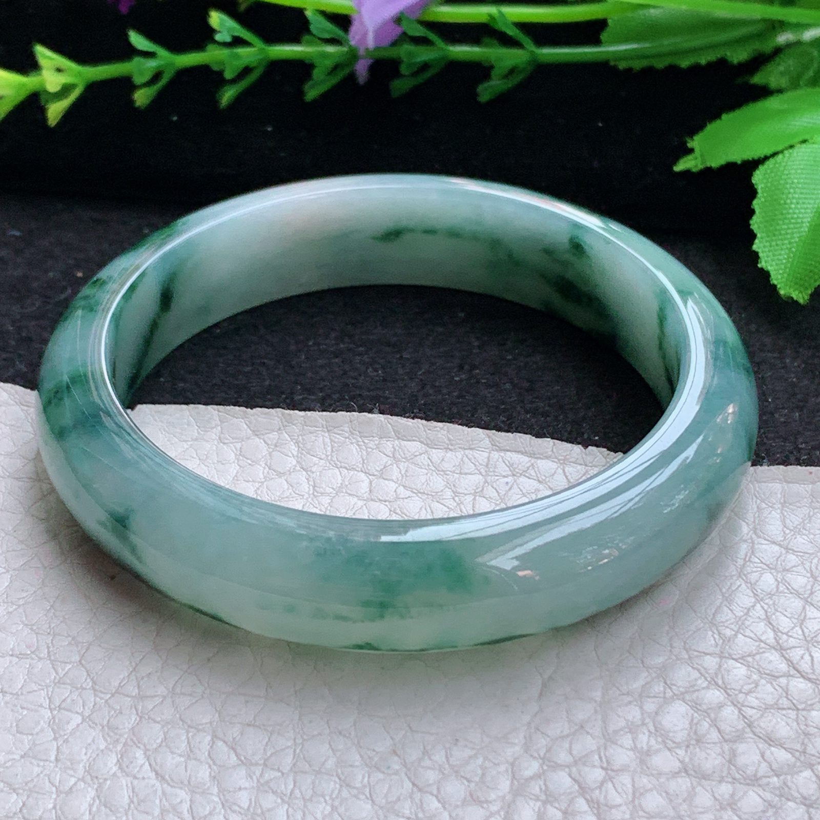 nr飘逸款56.5*12.8*7.8平安镯 天然缅甸翡翠A货玉手镯冰飘花宽边玉手环