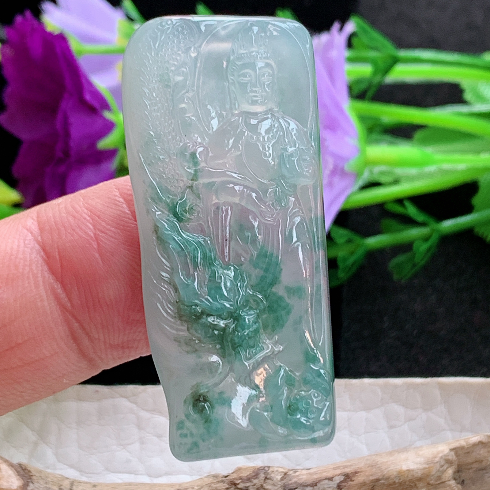 lz实拍43.5*19.6*5.2缅甸翡翠精雕冰飘花御龙观音菩萨玉吊坠