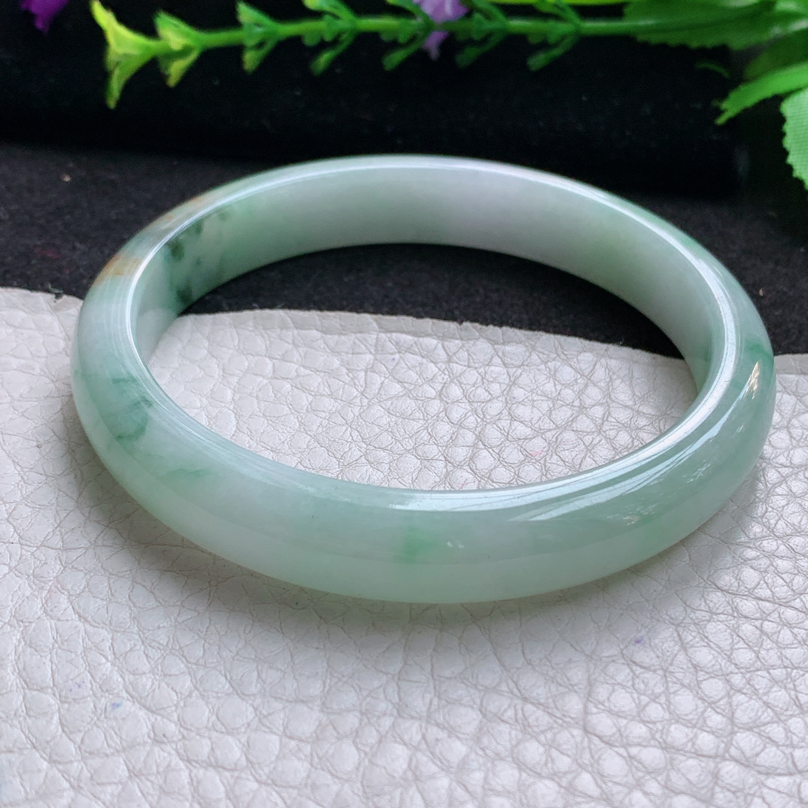 js大圈口61*11*7.5平安镯 天然缅甸翡翠A货玉手镯秀气三彩胶感宽边玉手环