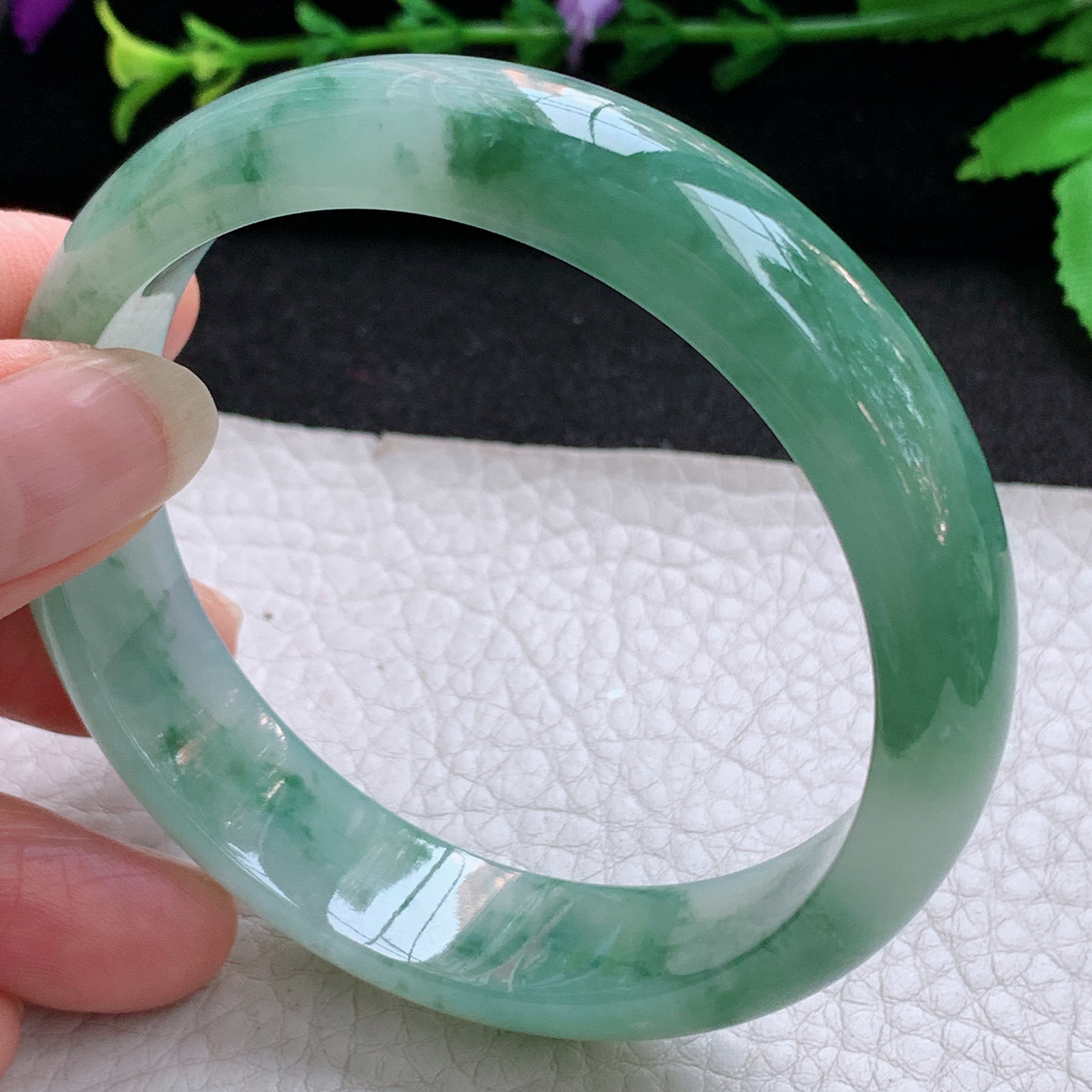 js飘逸款58.5*14.3*7.2平安镯 天然缅甸翡翠A货玉手镯冰飘花宽边玉手环