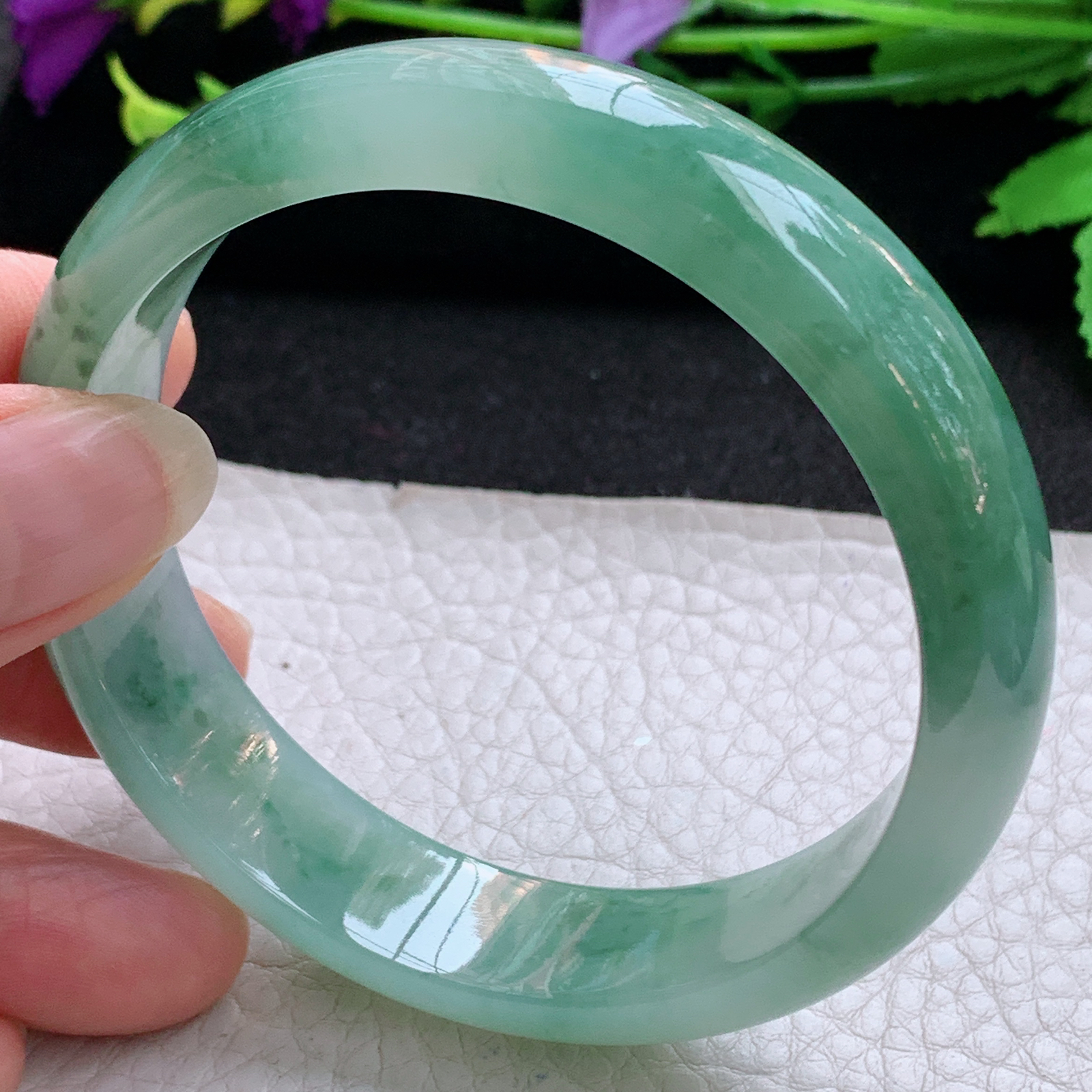 js飘逸款58.5*14.3*7.2平安镯 天然缅甸翡翠A货玉手镯冰飘花宽边玉手环