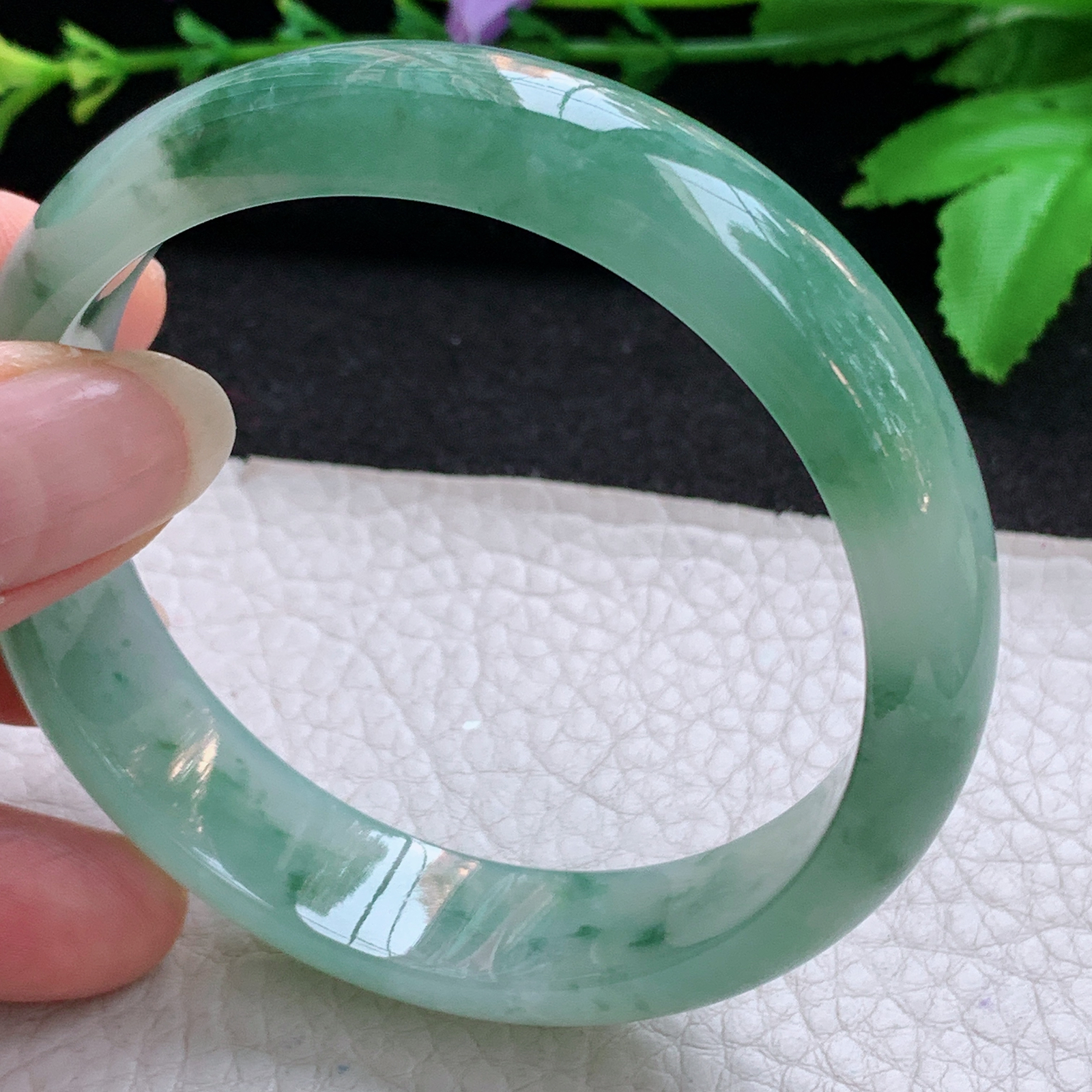 js飘逸款58.5*14.3*7.2平安镯 天然缅甸翡翠A货玉手镯冰飘花宽边玉手环