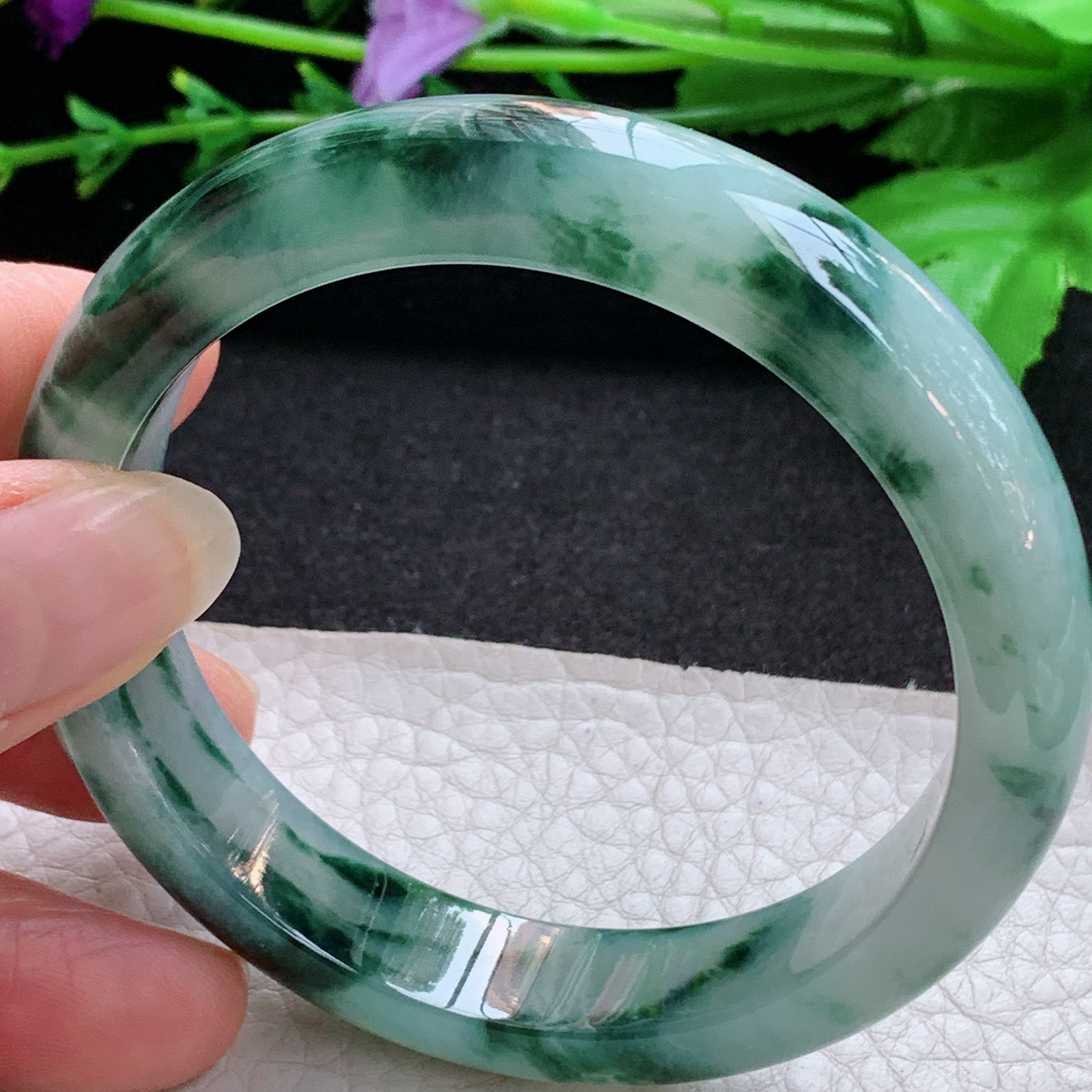 nr飘逸款56.5*12.8*7.8平安镯 天然缅甸翡翠A货玉手镯冰飘花宽边玉手环