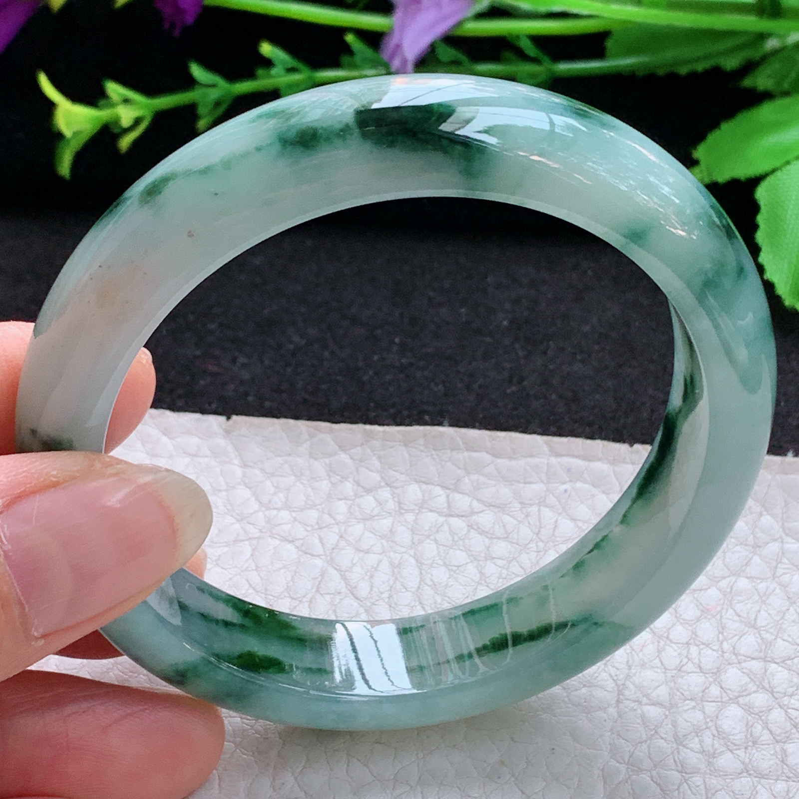 nr飘逸款56.5*12.8*7.8平安镯 天然缅甸翡翠A货玉手镯冰飘花宽边玉手环