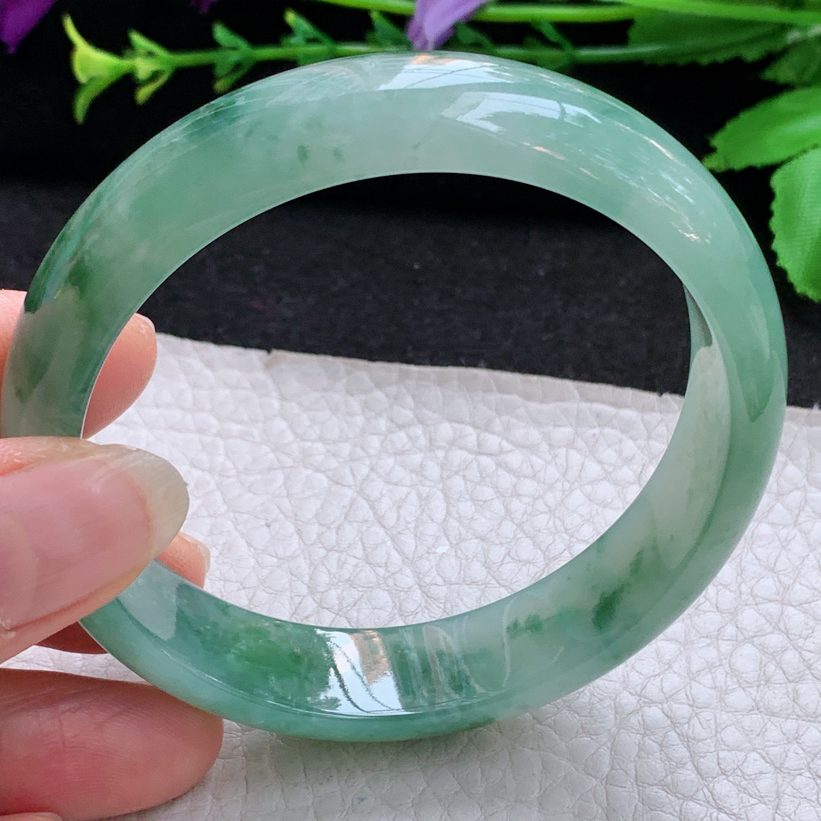 js飘逸款58.5*14.3*7.2平安镯 天然缅甸翡翠A货玉手镯冰飘花宽边玉手环