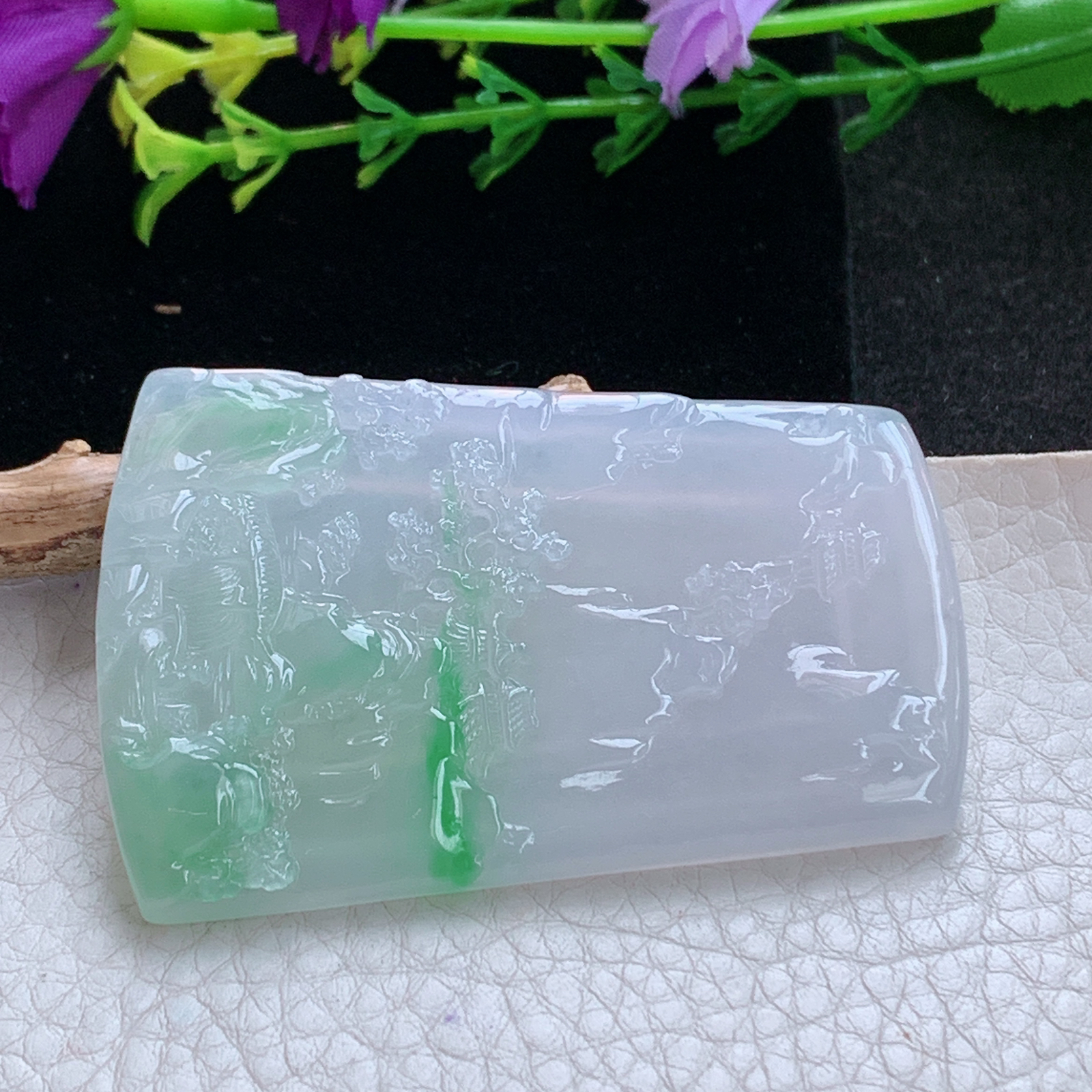 gp实拍60.5*41.5*5.5缅甸翡翠a货精雕冰飘阳绿山水 大好河山玉吊坠 玉挂件