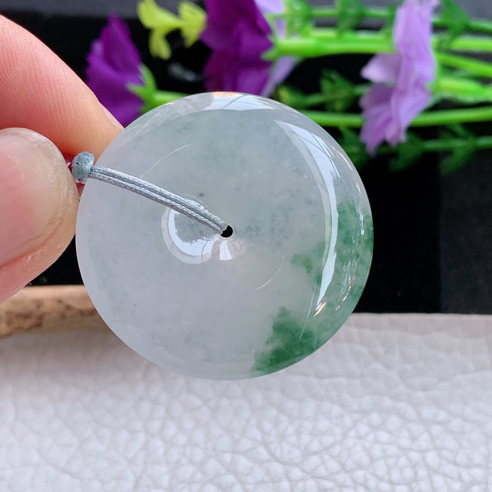 gp实拍35.2*5.5缅甸翡翠a货精雕冰飘花大平安扣 玉扣玉吊坠 玉挂件