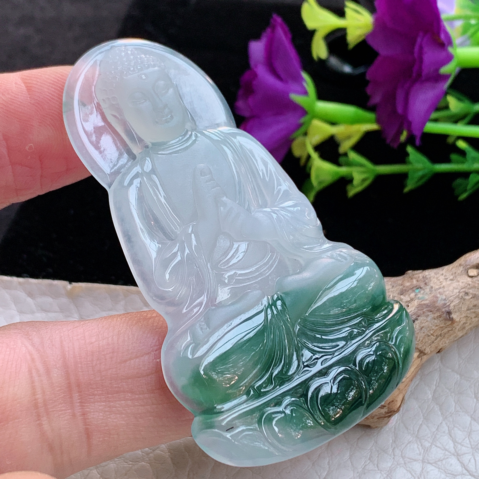 ktj实拍65*39.6*5.2缅甸天然翡翠a货冰飘花大日如来佛祖玉项坠 玉挂件