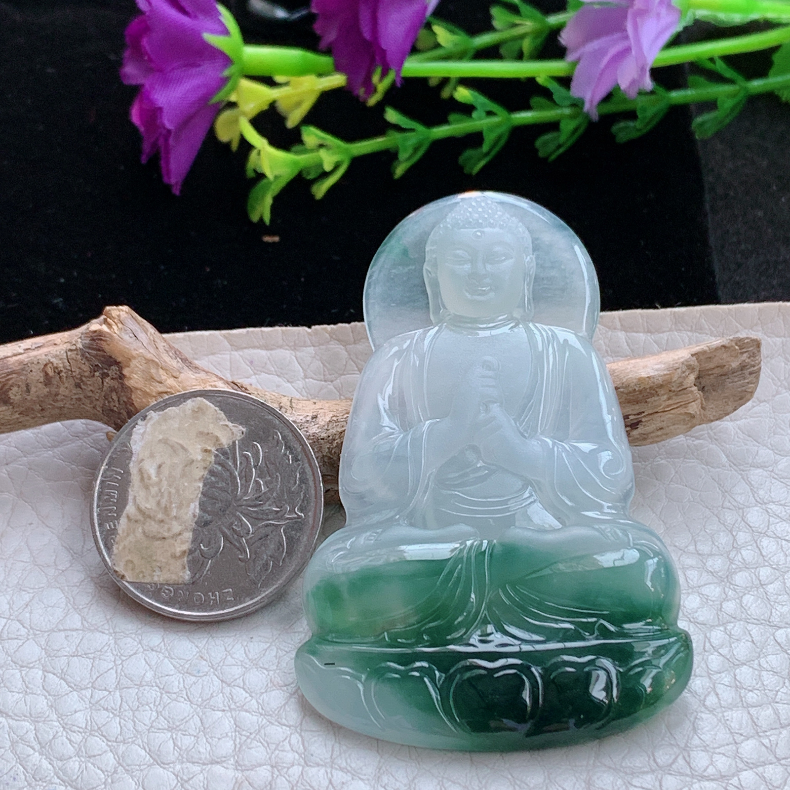 ktj实拍65*39.6*5.2缅甸天然翡翠a货冰飘花大日如来佛祖玉项坠 玉挂件