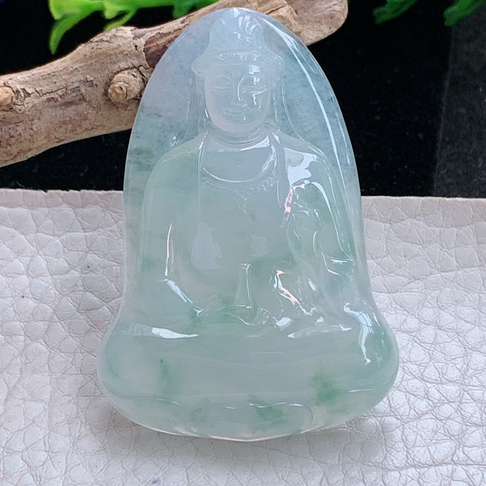 lz实拍53.5*37*6.3缅甸翡翠精雕冰飘花持瓶观音 玉观音玉吊坠 玉挂件