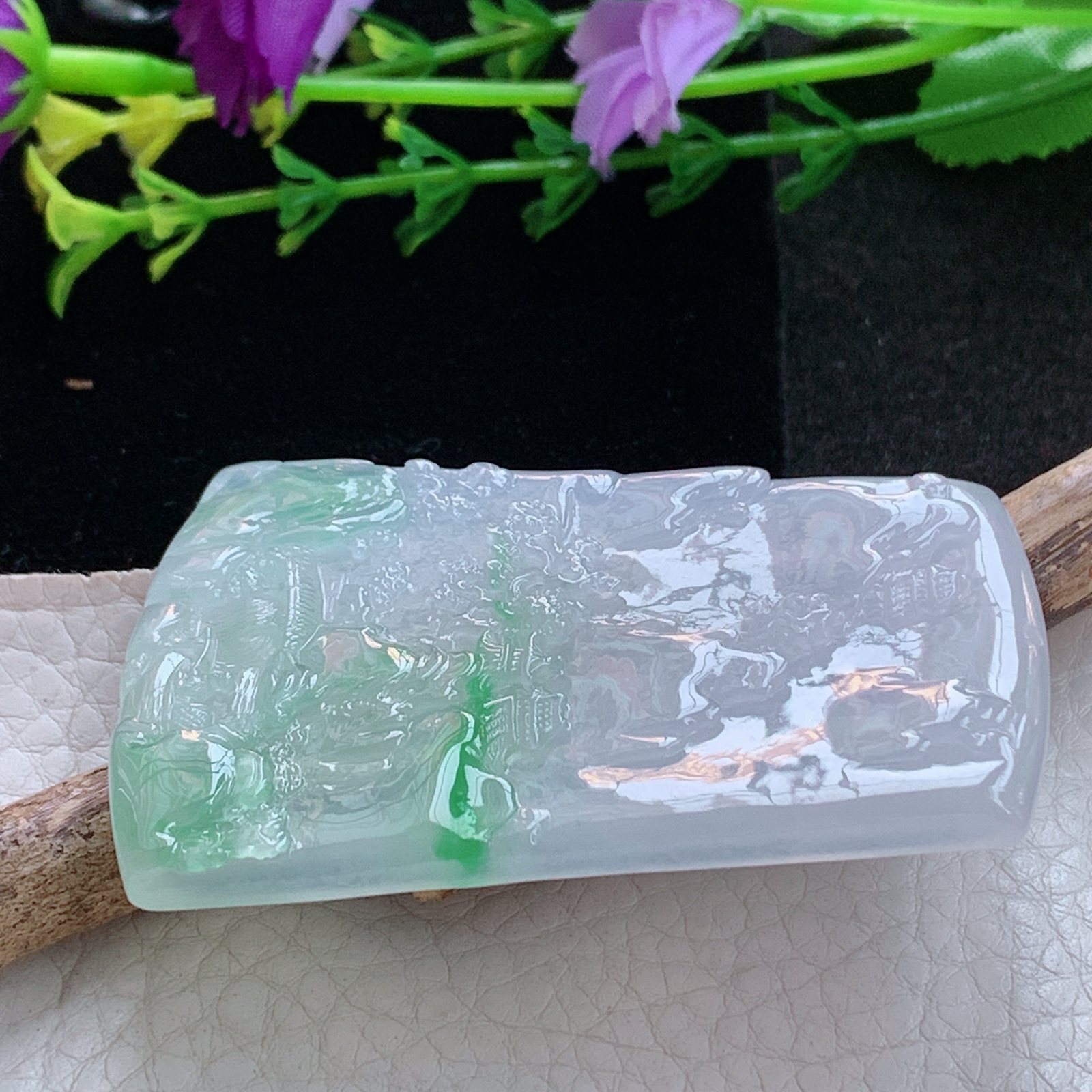 gp实拍60.5*41.5*5.5缅甸翡翠a货精雕冰飘阳绿山水 大好河山玉吊坠 玉挂件