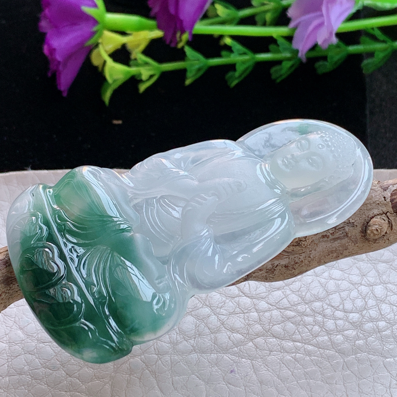 ktj实拍65*39.6*5.2缅甸天然翡翠a货冰飘花大日如来佛祖玉项坠 玉挂件