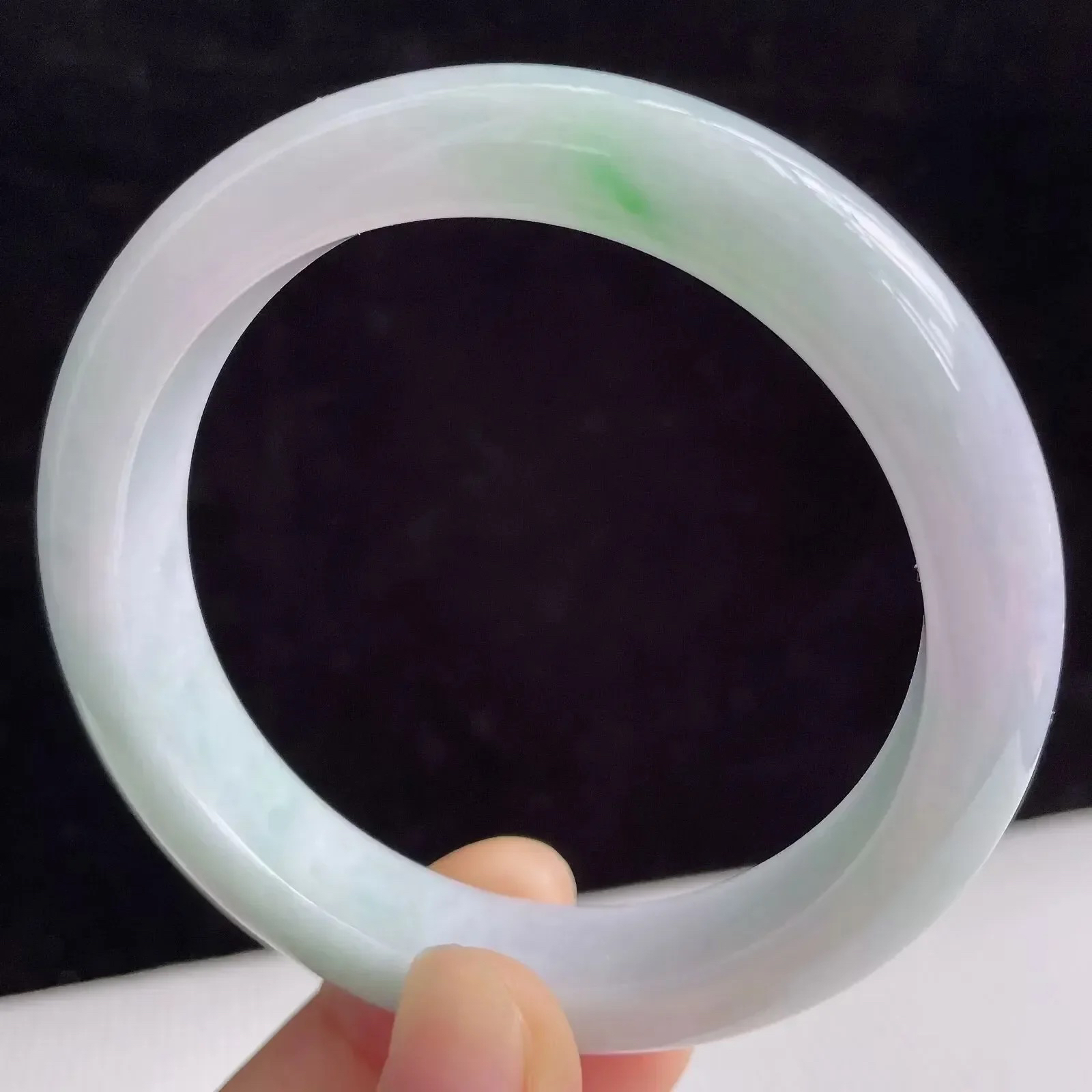 54圈有种有色天然翡翠A货淡紫玉手镯好种水春彩水润手镯49.07g