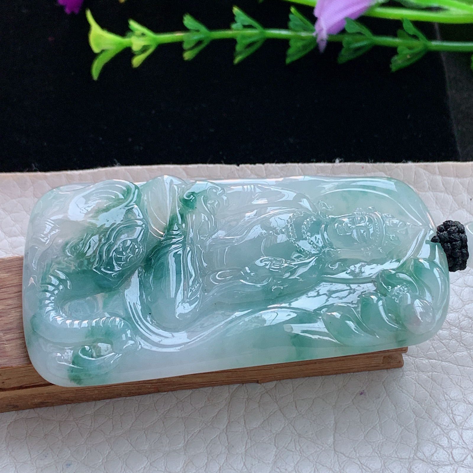 yl实拍66.5*38*5.8缅甸天然翡翠a货冰飘花生肖守护神普贤菩萨玉项坠 玉挂件