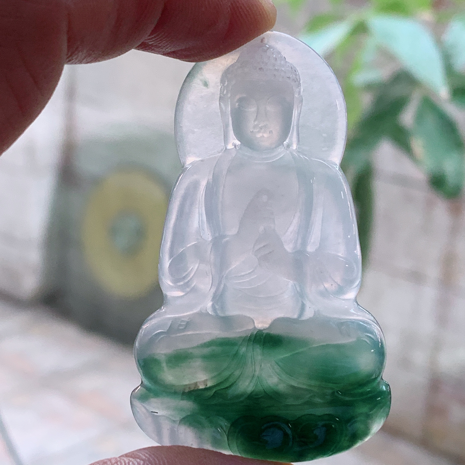 ktj实拍65*39.6*5.2缅甸天然翡翠a货冰飘花大日如来佛祖玉项坠 玉挂件