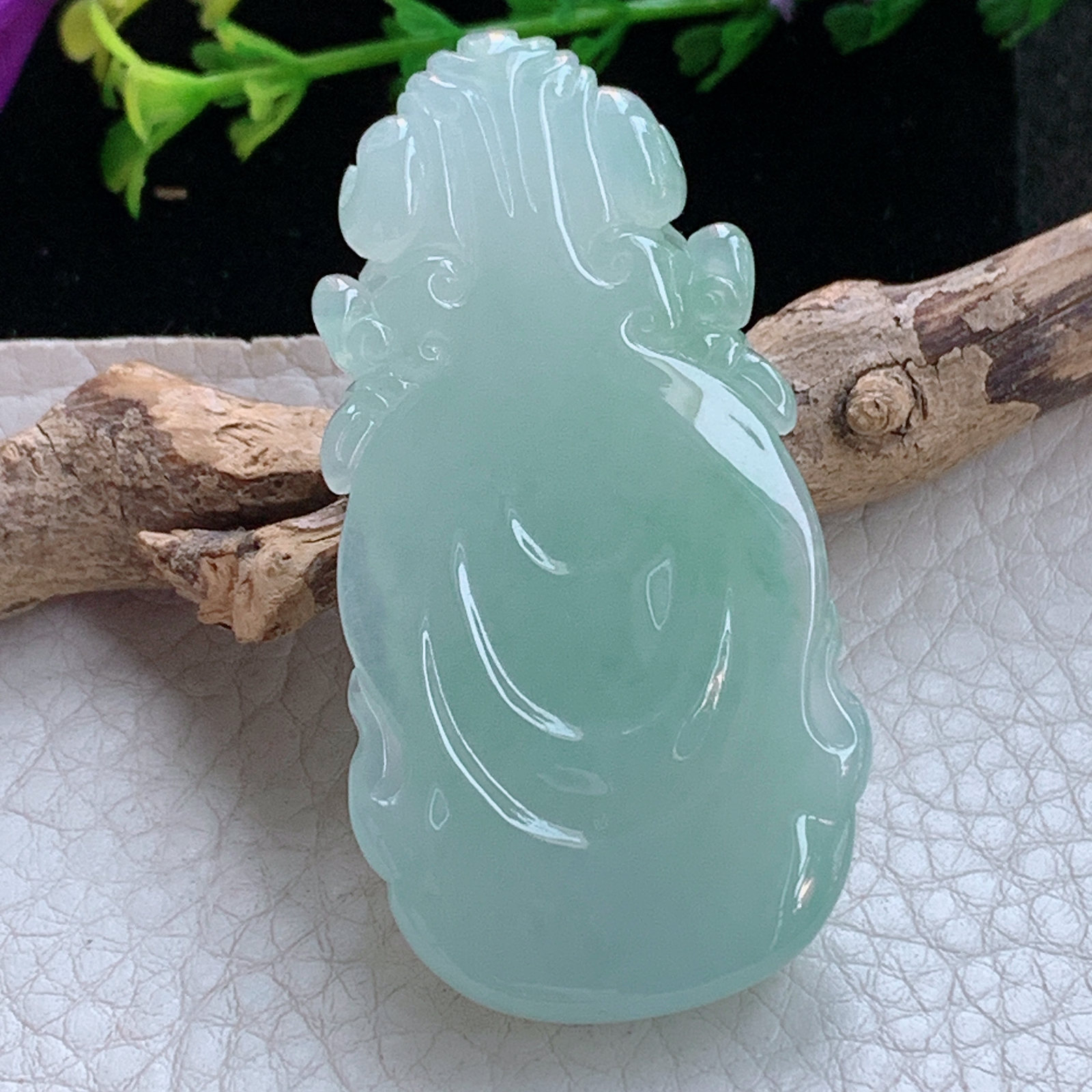 ktj实拍53.2*28*12.2缅甸天然翡翠a货冰绿观音首 观音头玉项坠 玉挂件