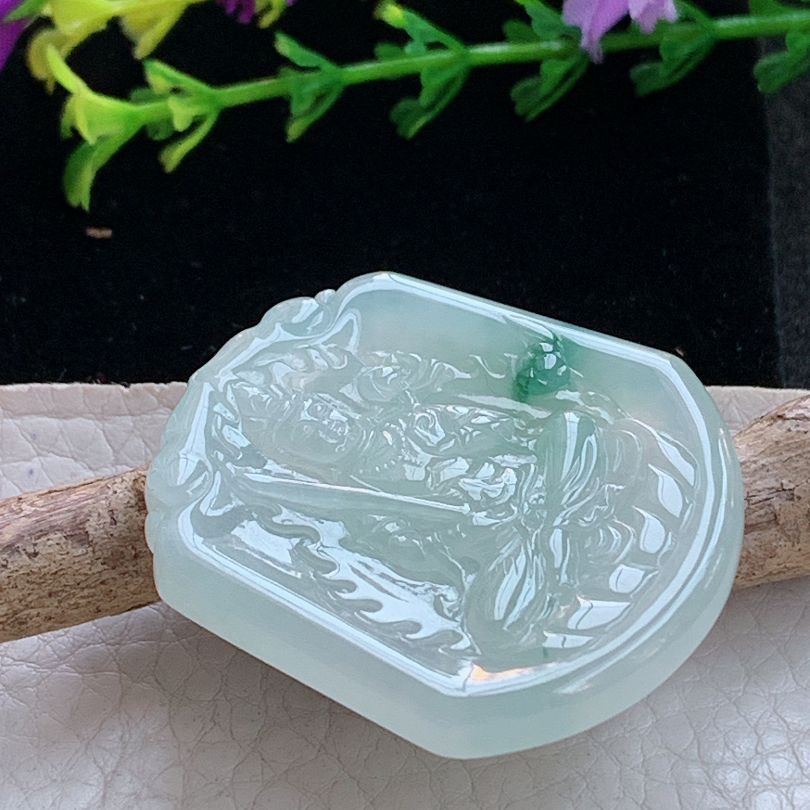 ktj实拍40.6*36*4.6缅甸天然翡翠a货冰飘花虚空藏玉项坠 玉挂件